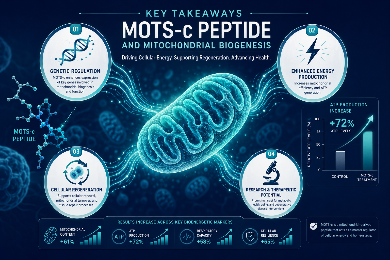 Editorial infographic for 'Key Takeaways' section illustrating MOTS-c Peptide and Mitochondrial Biogenesis research
