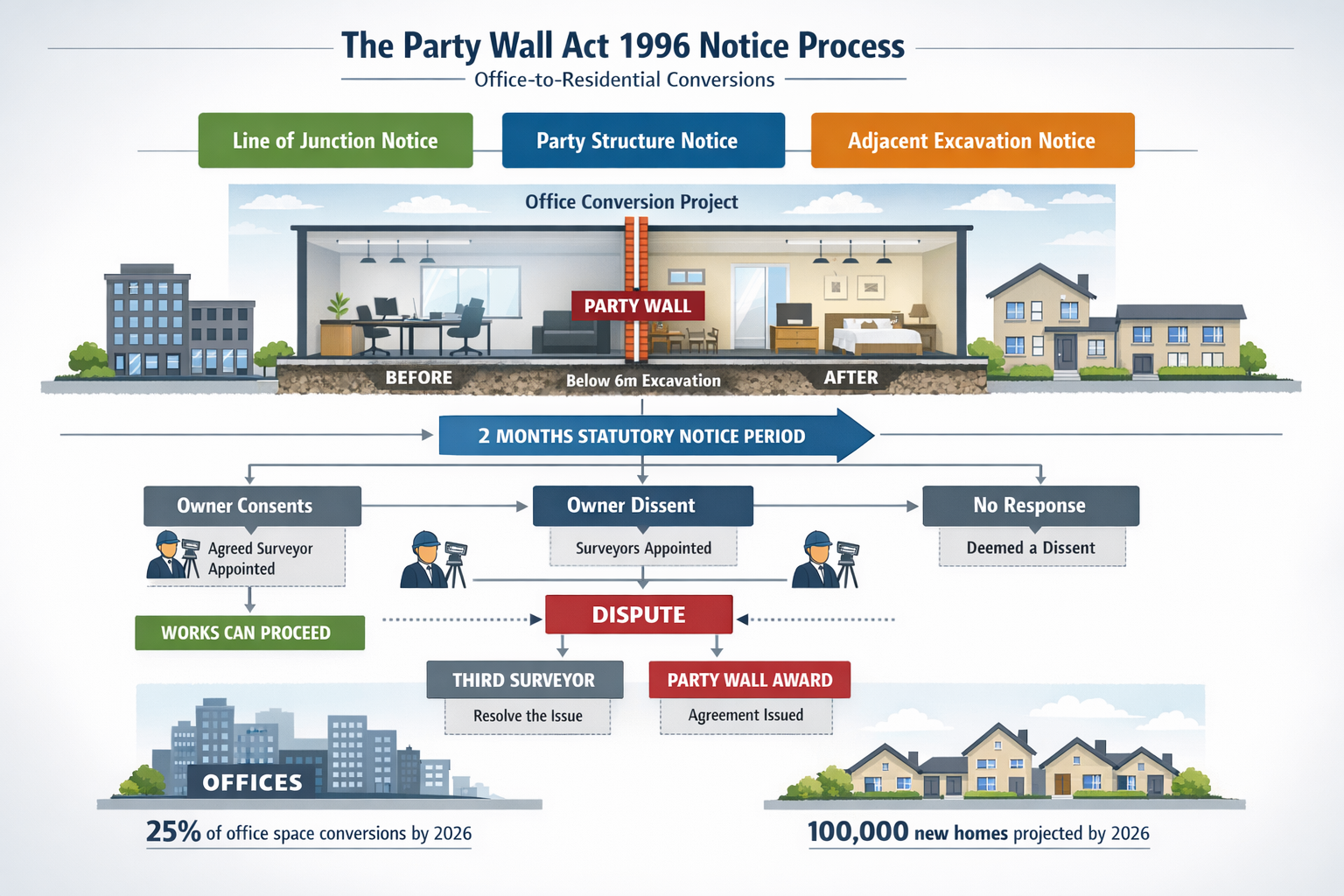 () detailed infographic showing the Party Wall Act 1996 notice process flowchart specifically for office-to-residential