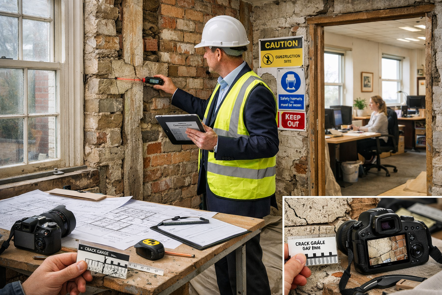 () detailed scene inside an office building during conversion assessment, showing chartered surveyor conducting schedule of