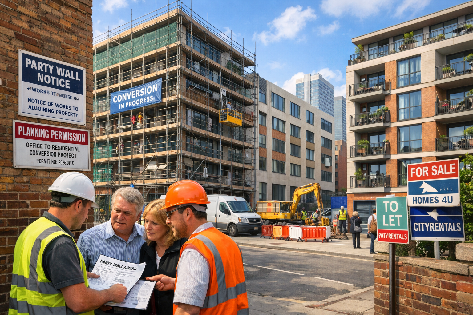 () modern urban street scene showing multiple office-to-residential conversion projects simultaneously occurring in 2026.