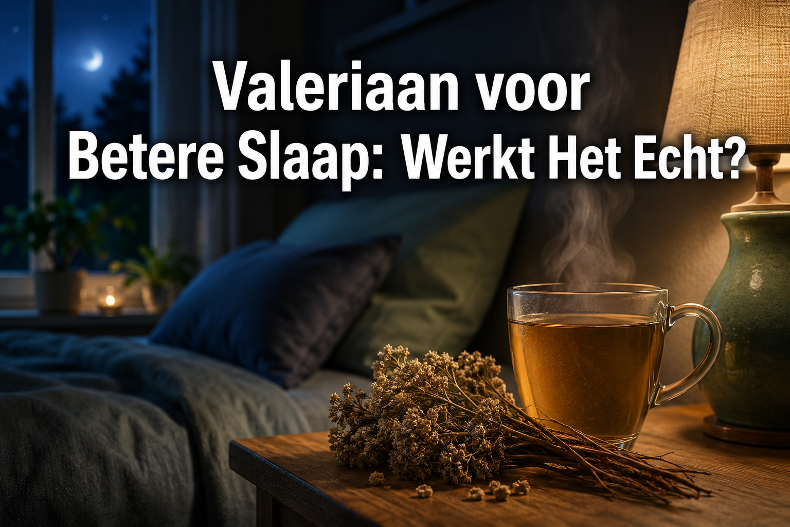 Professional () hero image with Dutch 'Valeriaan voor Betere Slaap: Werkt Het Echt?' in extra large white with soft dark ,