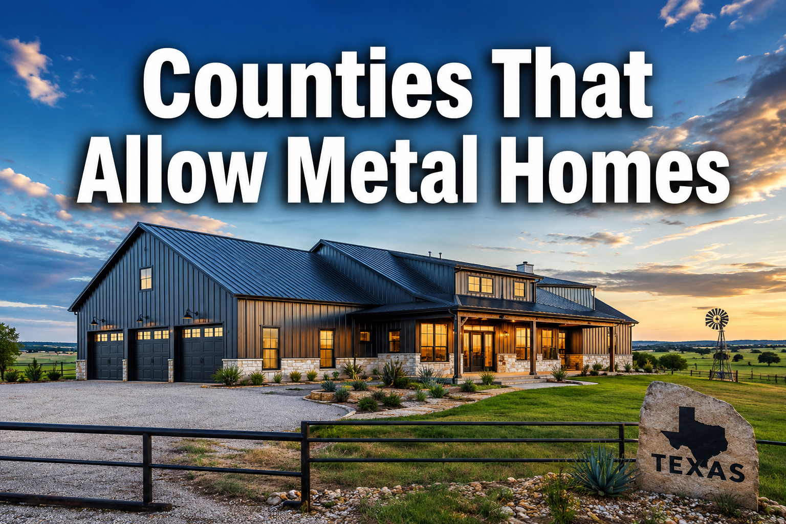 Professional () hero image with : 'Counties That Allow Metal Homes' in extra large white with dark drop , centered