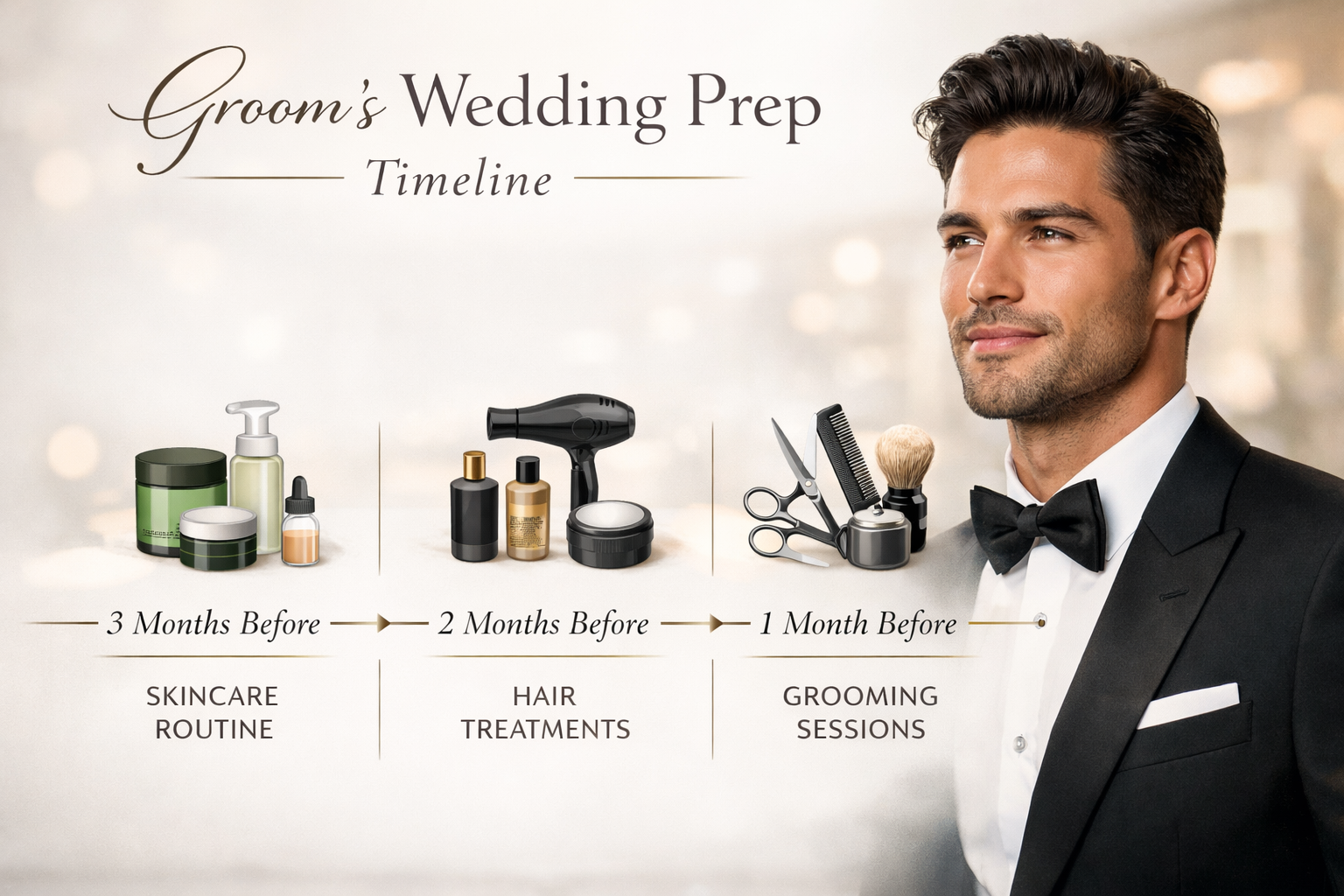 Detailed () image showcasing a three-month timeline graphic for a groom's wedding preparation, featuring icons for skincare,