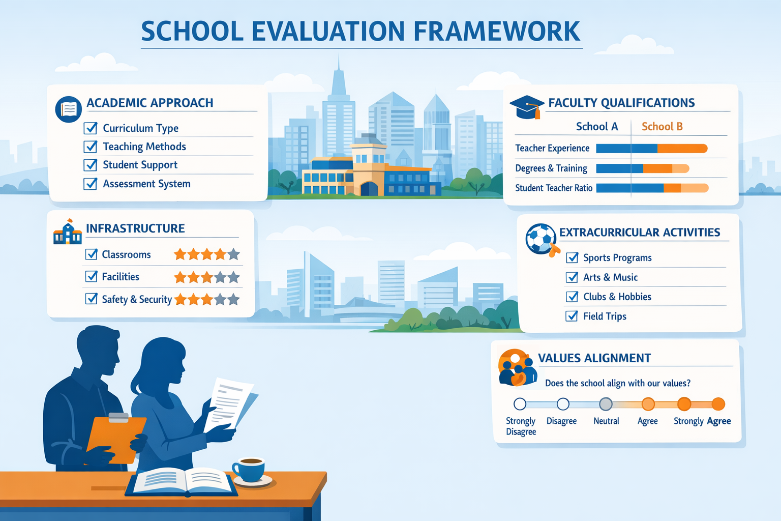 Detailed infographic showing school evaluation framework with multiple criteria sections: academic approach, infrastructure, faculty qualifi