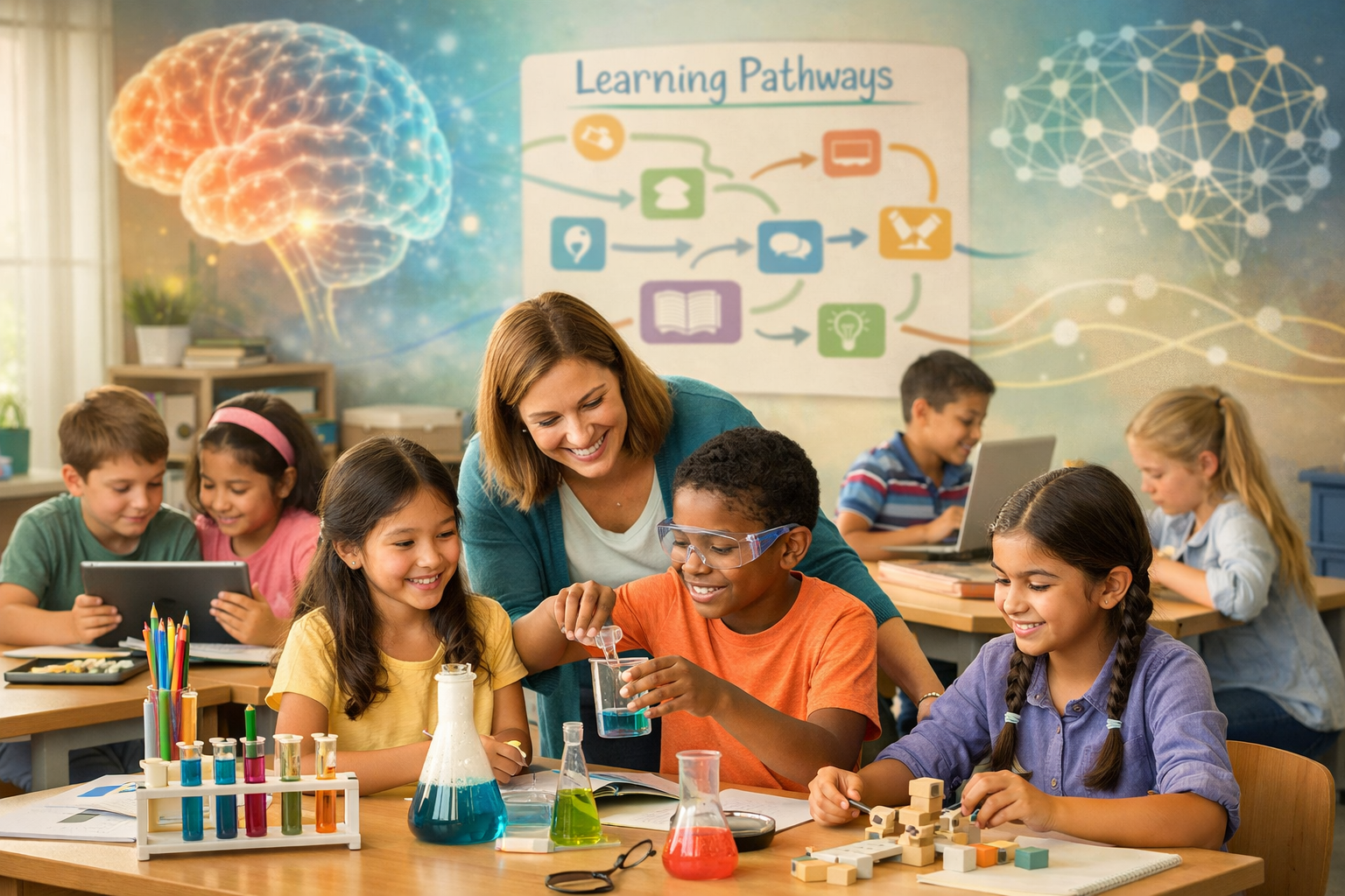 Warm, inviting scene showing diverse children engaged in hands-on learning activities in a modern classroom setting. Visual elements include