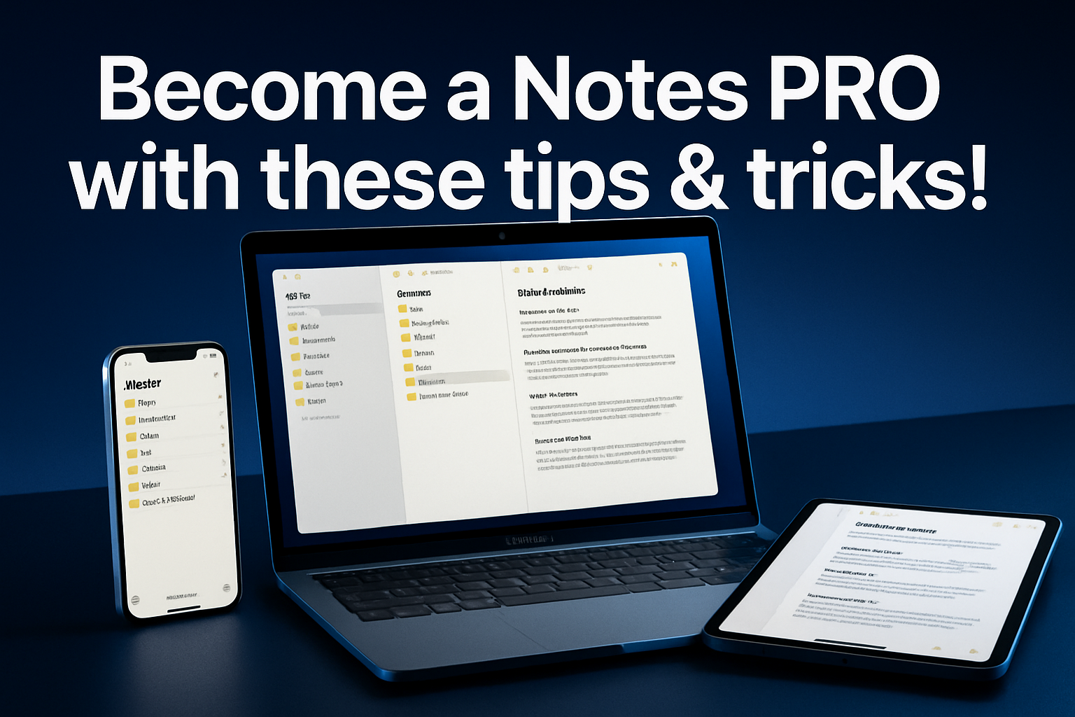 Professional landscape hero image (1536x1024) featuring bold text overlay 'Become a Notes PRO with these tips & tricks!' in extra large 72pt
