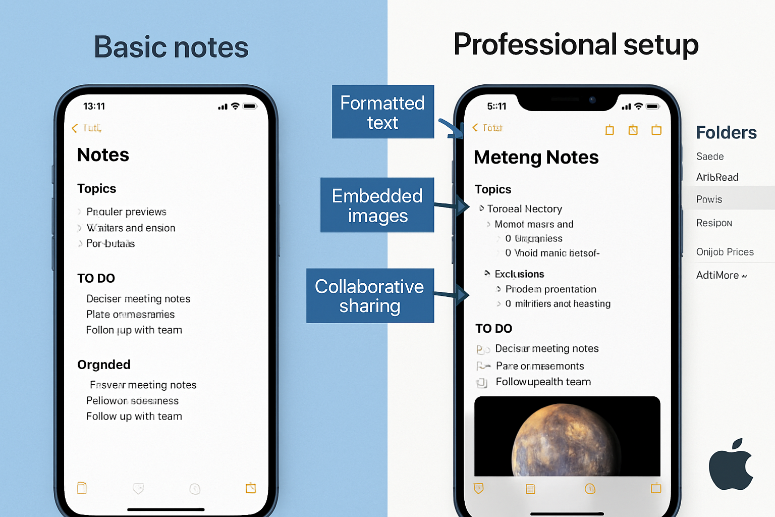 Detailed landscape image (1536x1024) showing split-screen comparison of basic Notes usage versus professional setup. Left side displays clut