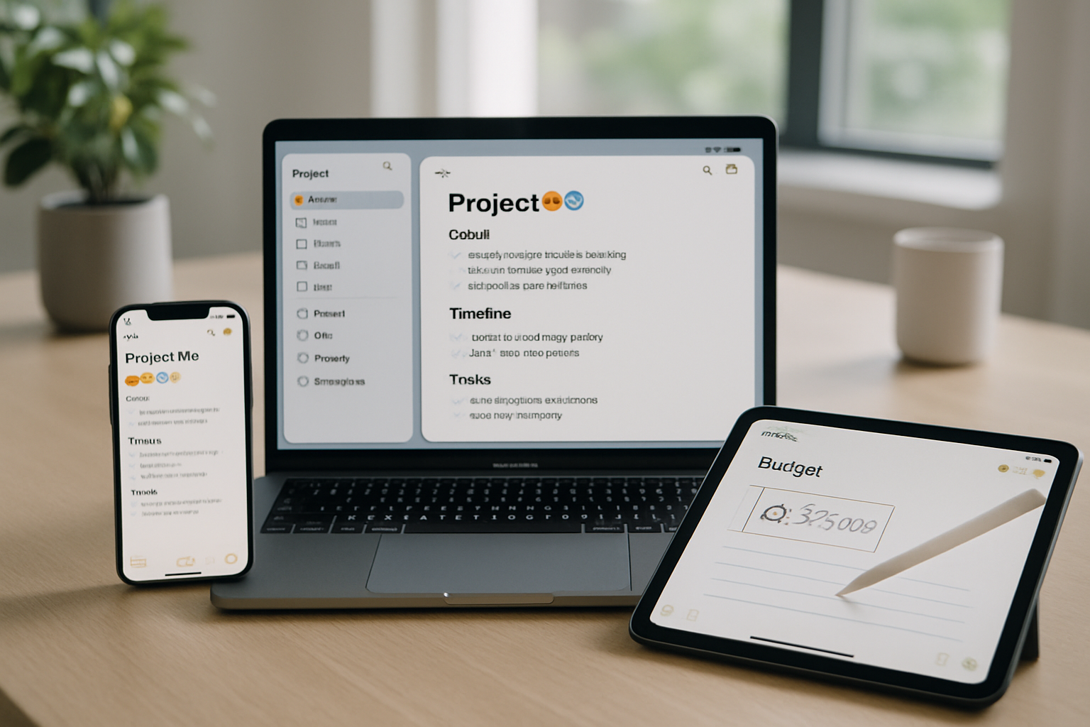 Professional landscape illustration (1536x1024) depicting advanced Notes productivity workflow across Apple devices. Shows seamless synchron