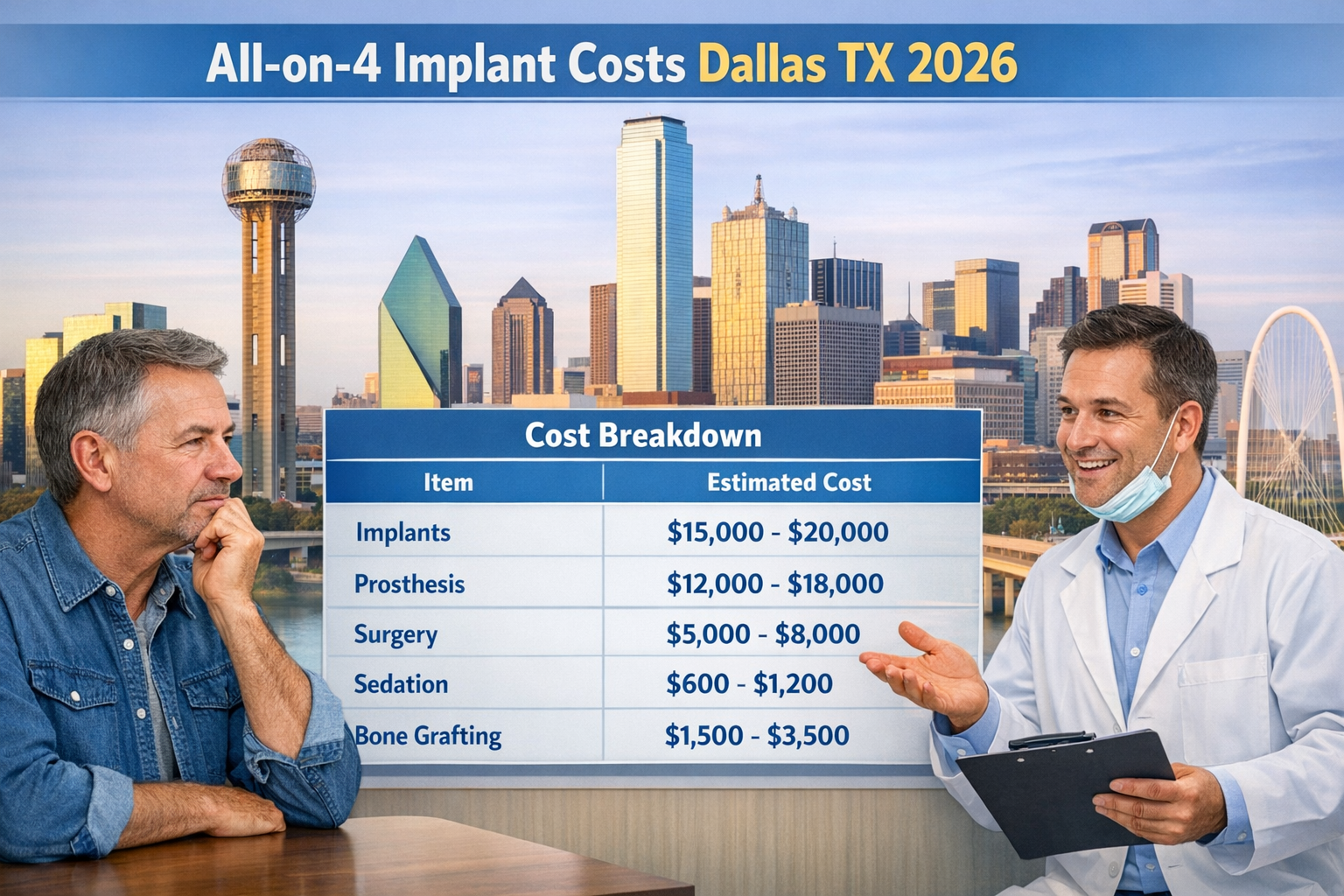 A professional landscape format (1536x1024) image featuring a clear, concise comparison table outlining various components of All-on-4 impla