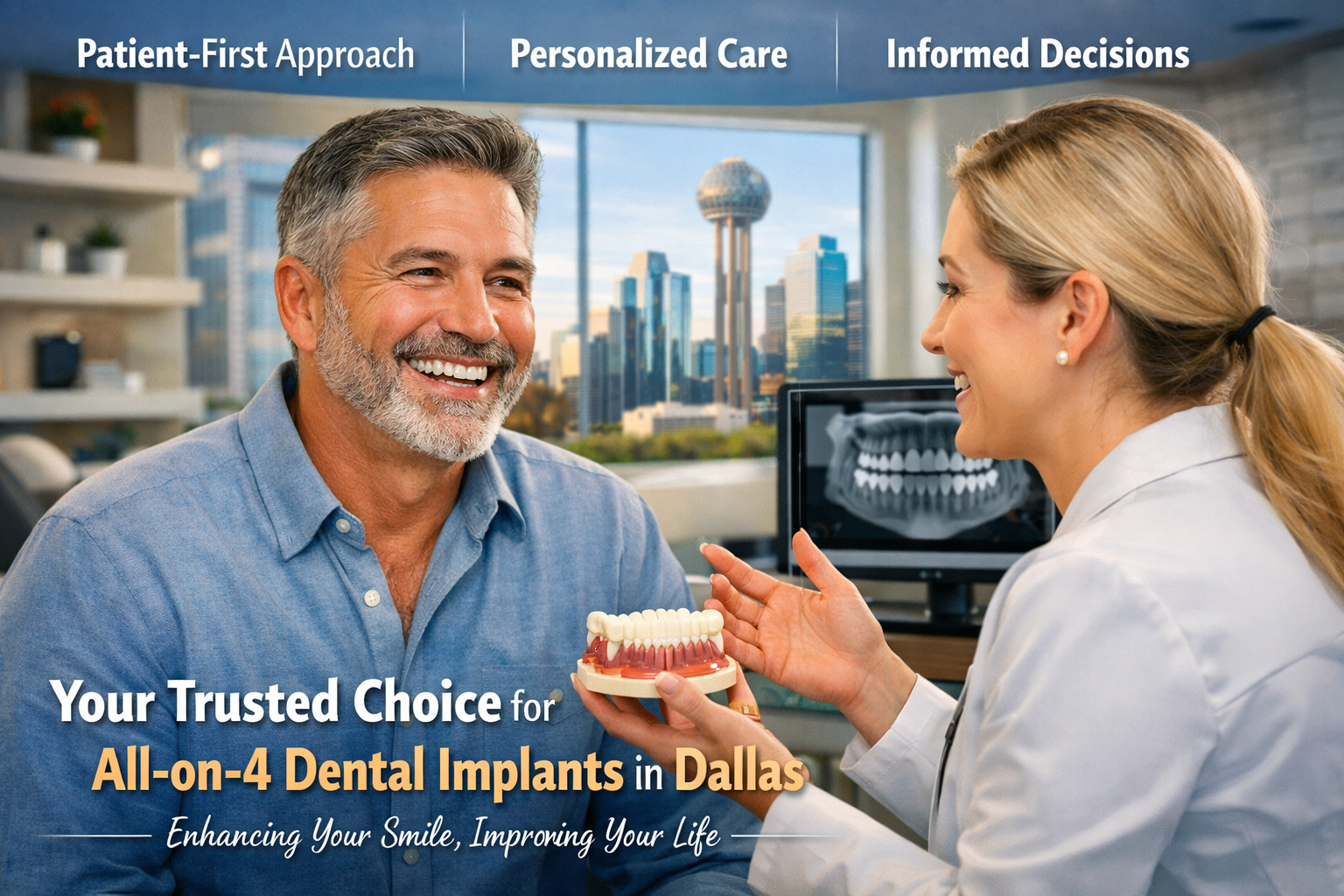 A visually engaging landscape format (1536x1024) image depicting a patient consulting with a dental professional in a modern, welcoming Dall