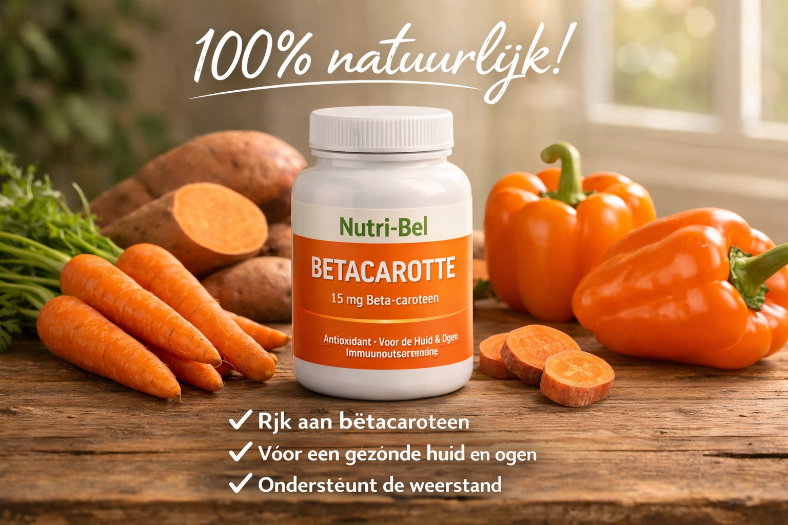 Product showcase landscape image (1536x1024) featuring Nutri-Bel Betacarotte supplement bottle prominently displayed on natural wooden surfa