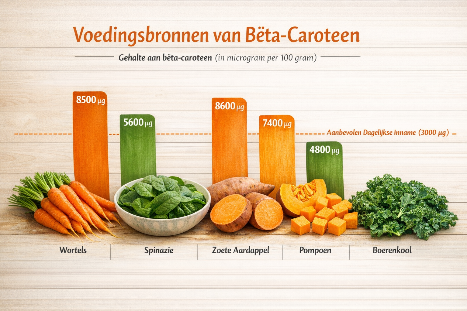 Landscape comparison table visualization (1536x1024) showing food sources of beta-carotene with colorful bar chart, photos of carrots, spina