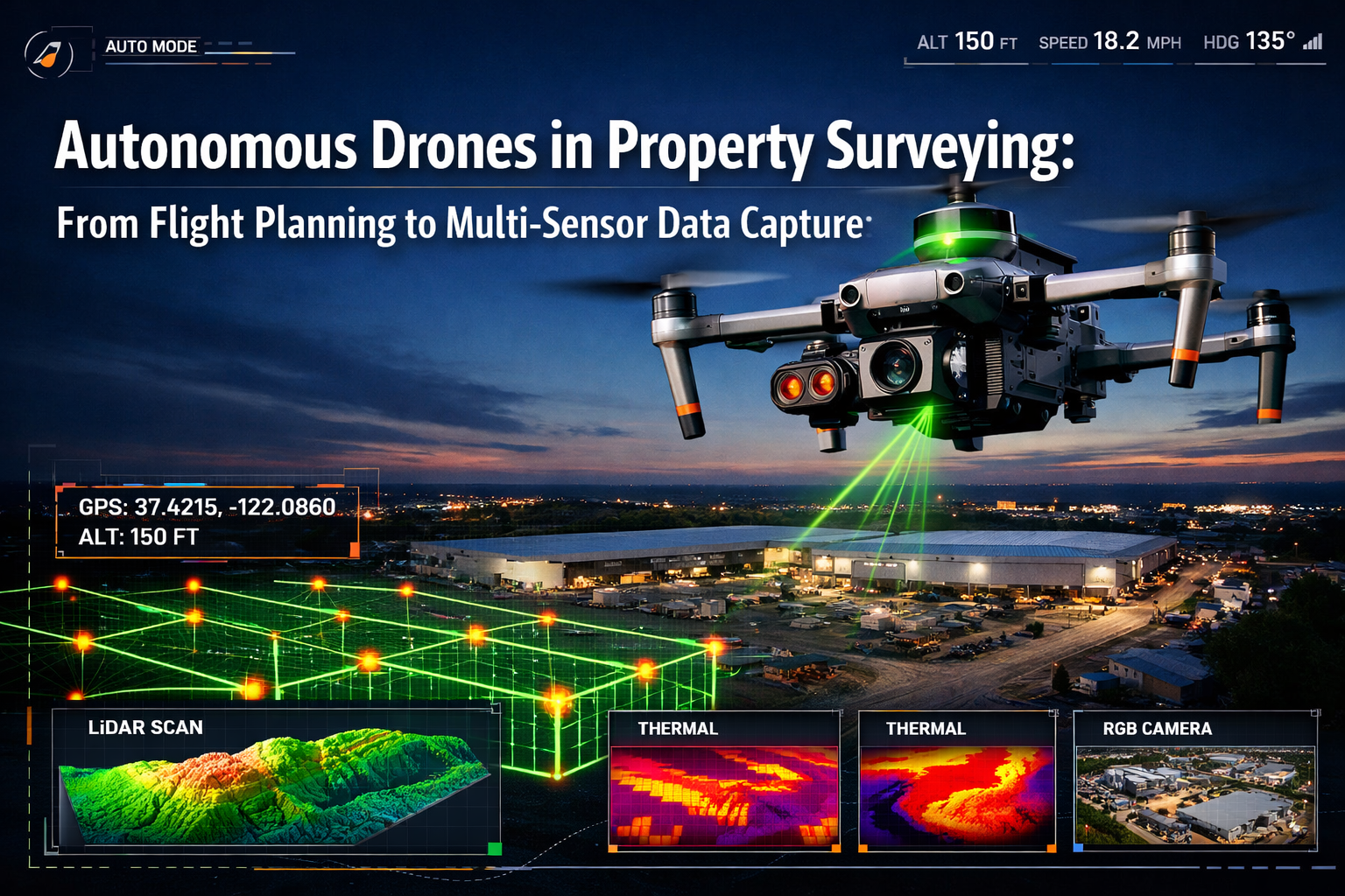 Professional landscape format (1536x1024) hero image featuring bold text overlay 'Autonomous Drones in Property Surveying: From Flight Plann