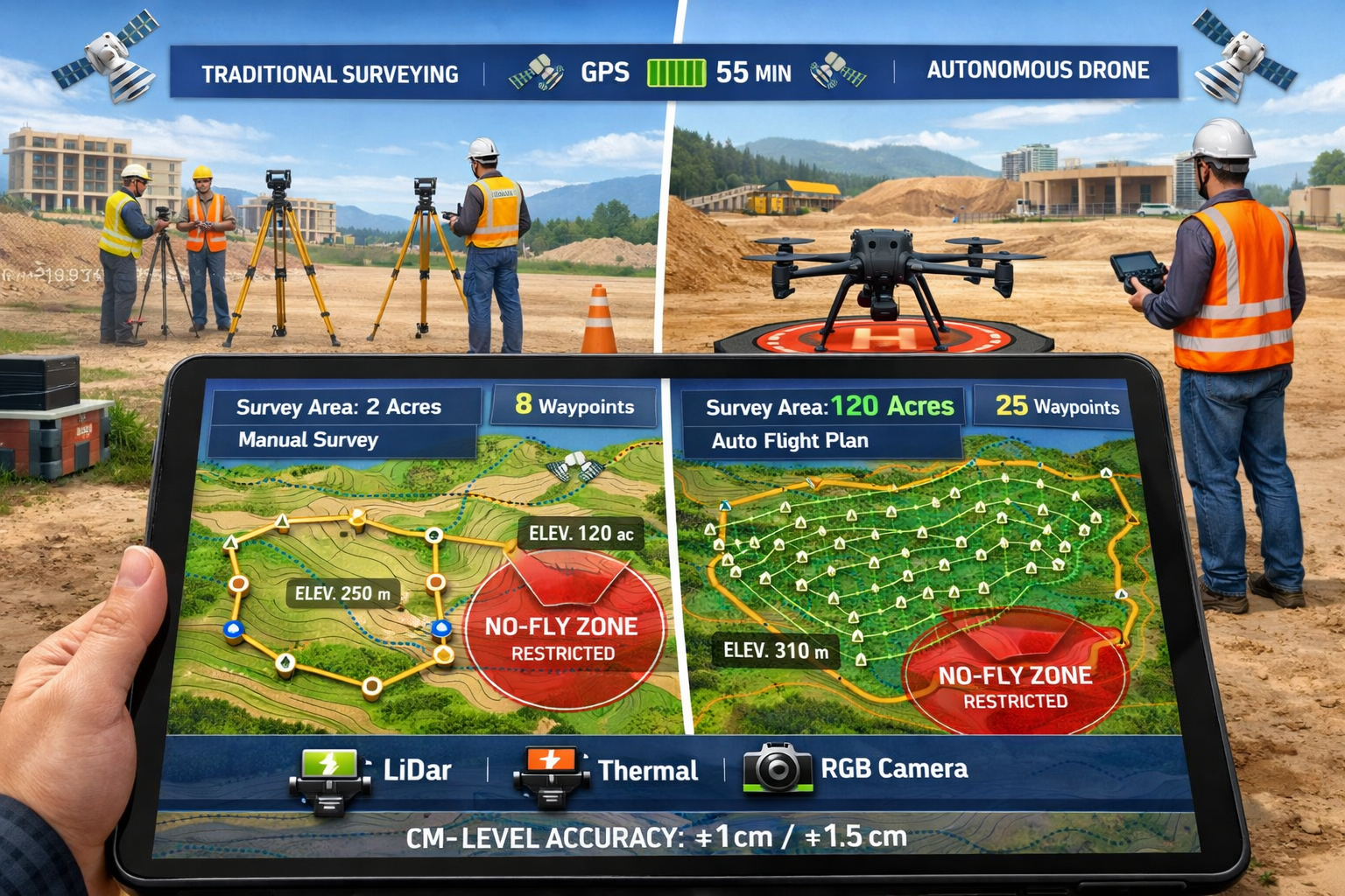 Detailed landscape format (1536x1024) illustration showing autonomous drone flight planning interface on large tablet screen in foreground, 