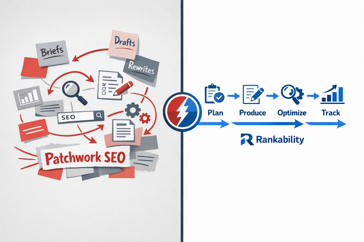 Digital illustration, graphic design style, Detailed landscape format (1536x1024) infographic-style illustration showing a side-by-side agency SEO workflow diagram. Left panel: chaotic scattered sticky notes, red arrows, and disconnected tools labeled 'briefs,' 'drafts,' 'rewrites,' 'patchwork SEO.' Right panel: clean linear workflow with Rankability-branded steps: Plan, Produce, Optimize, Track — connected by smooth blue arrows on a white background. Central dividing element is a bold vertical line with a transformation icon. Color palette: red/gray on left, electric blue/white on right. Clean, editorial infographic aesthetic, 1536x1024 landscape.