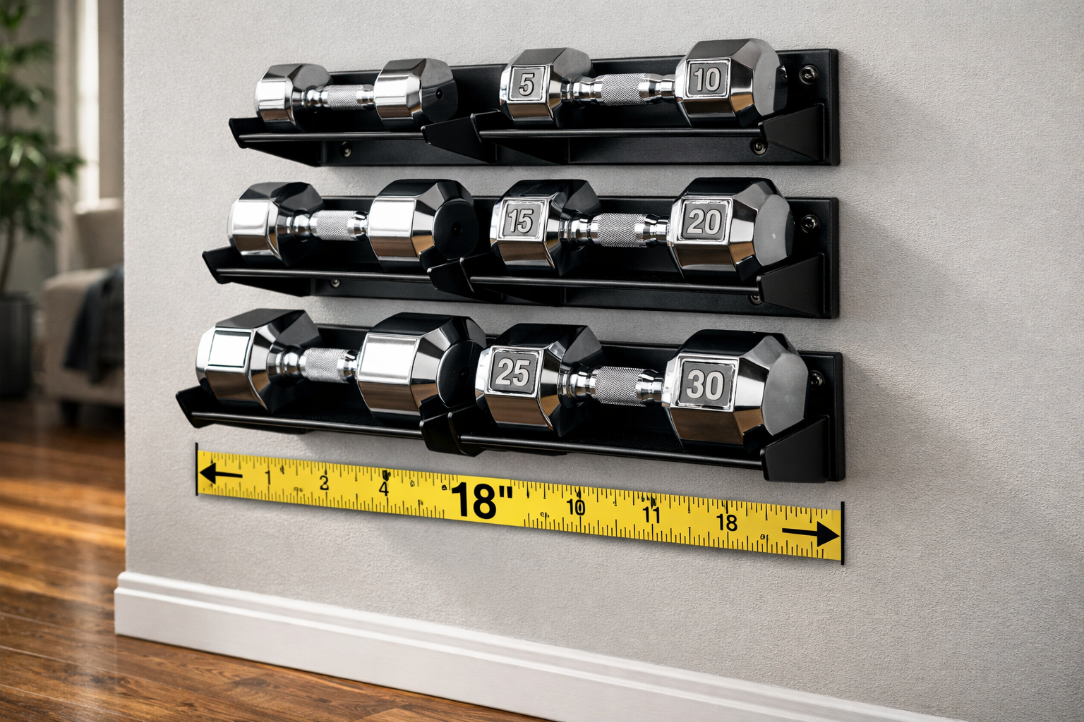 How to Store Dumbbells in a Small Space Detailed () image showing wall-mounted dumbbell storage system in action, close-up perspective of sleek black metal shelving