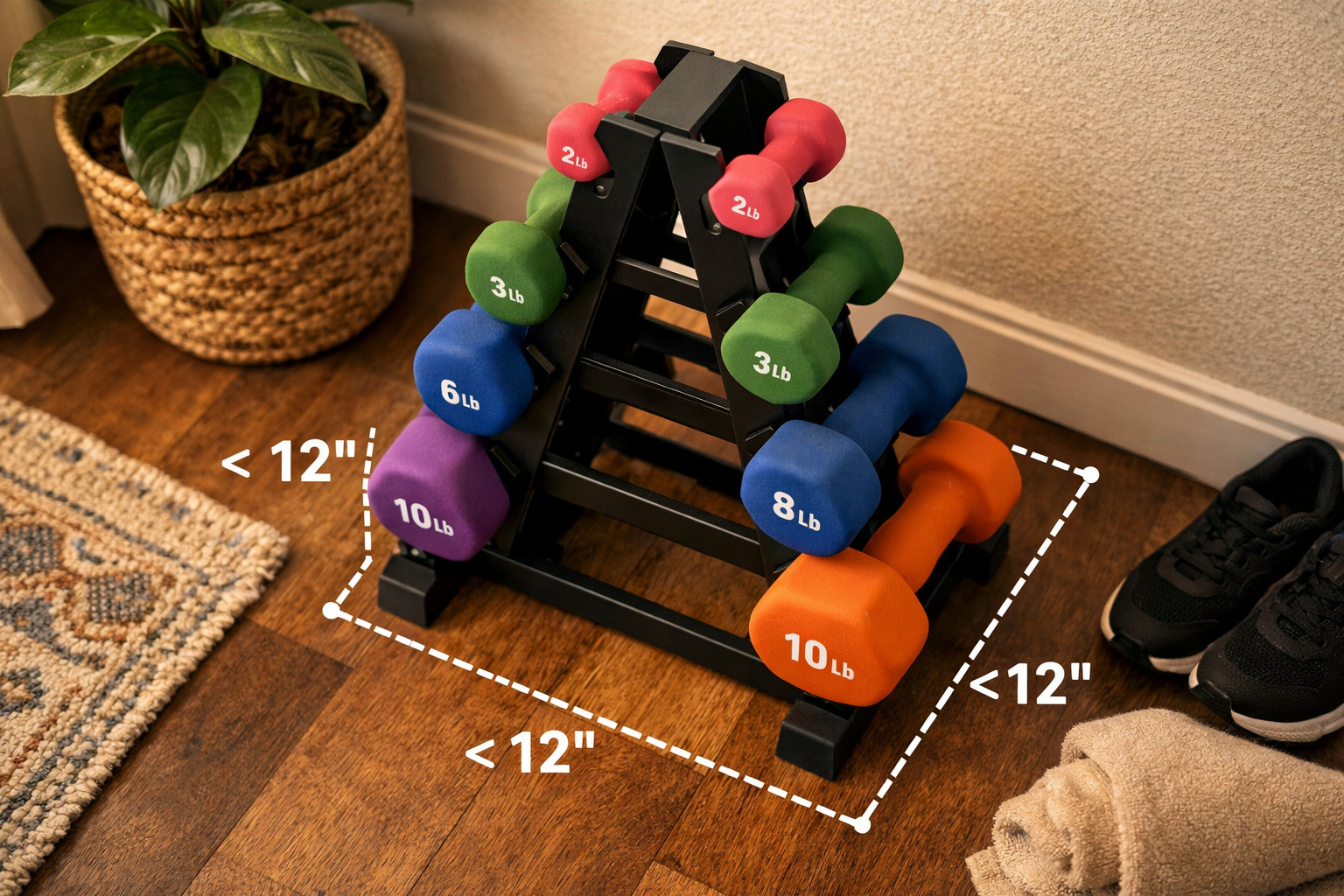 How to Store Dumbbells in a Small Space Detailed () image displaying A-frame compact dumbbell rack in small apartment corner, bird's eye view angle looking down at