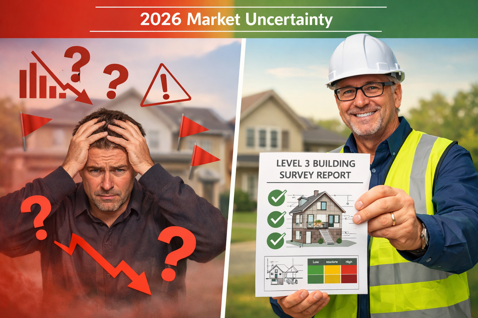 Wide-angle () showing a split-scene composition: left side depicts a stressed property buyer surrounded by question marks,