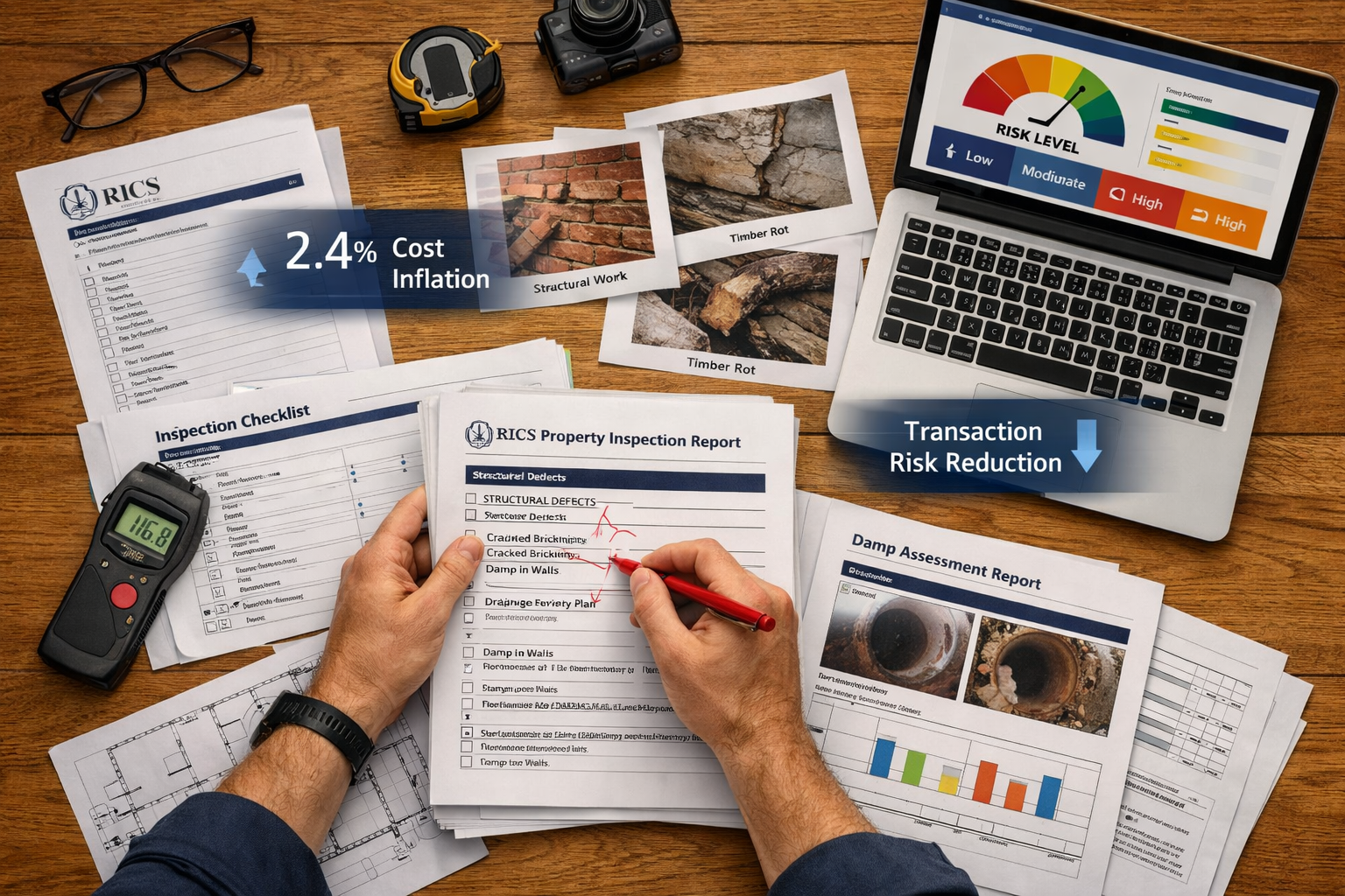 Overhead bird's-eye () of a large wooden desk covered with professional surveying documents including RICS-standard