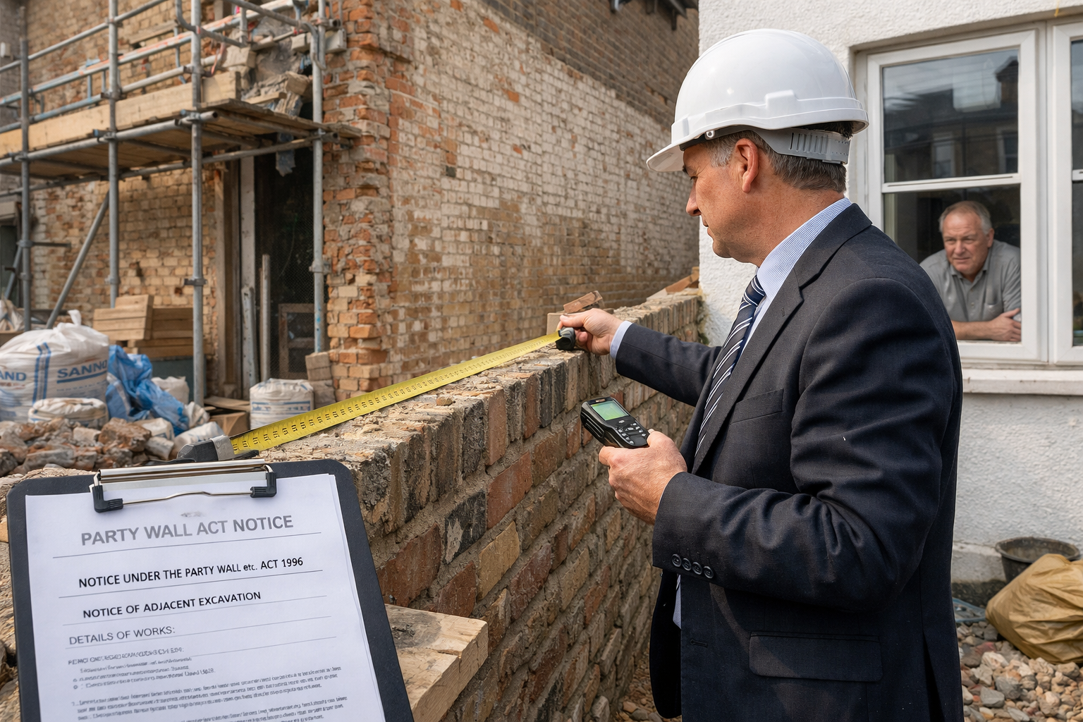 Detailed () image showing professional surveyor in business attire and hard hat conducting party wall inspection at active