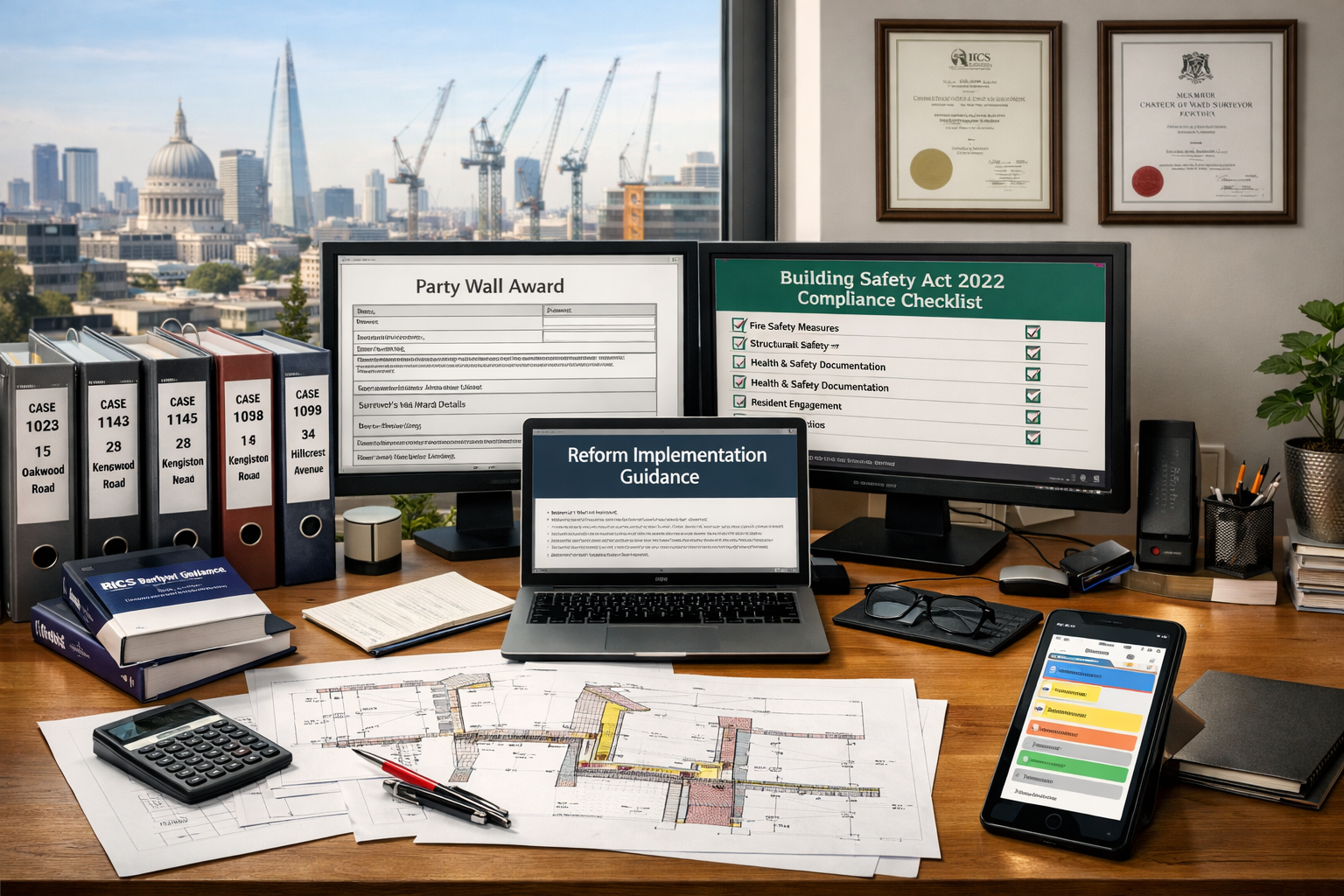 Detailed () image of modern surveyor's office workspace showing compliance documentation and reform implementation, large