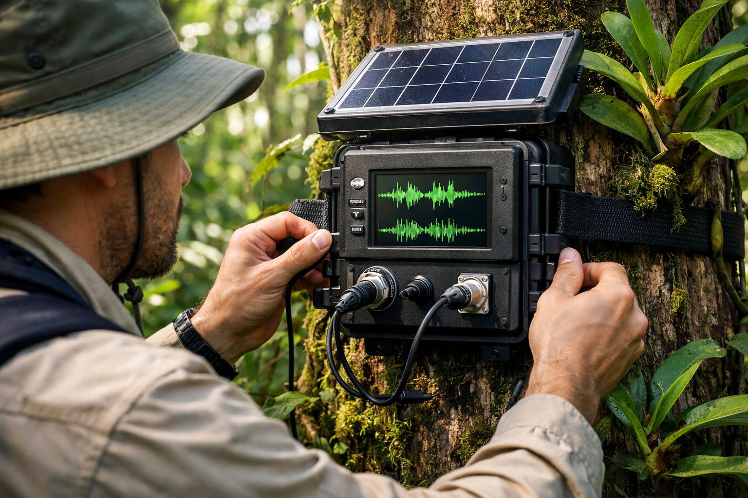 () editorial image showing researcher in field gear installing passive acoustic recorder device on tropical tree trunk in