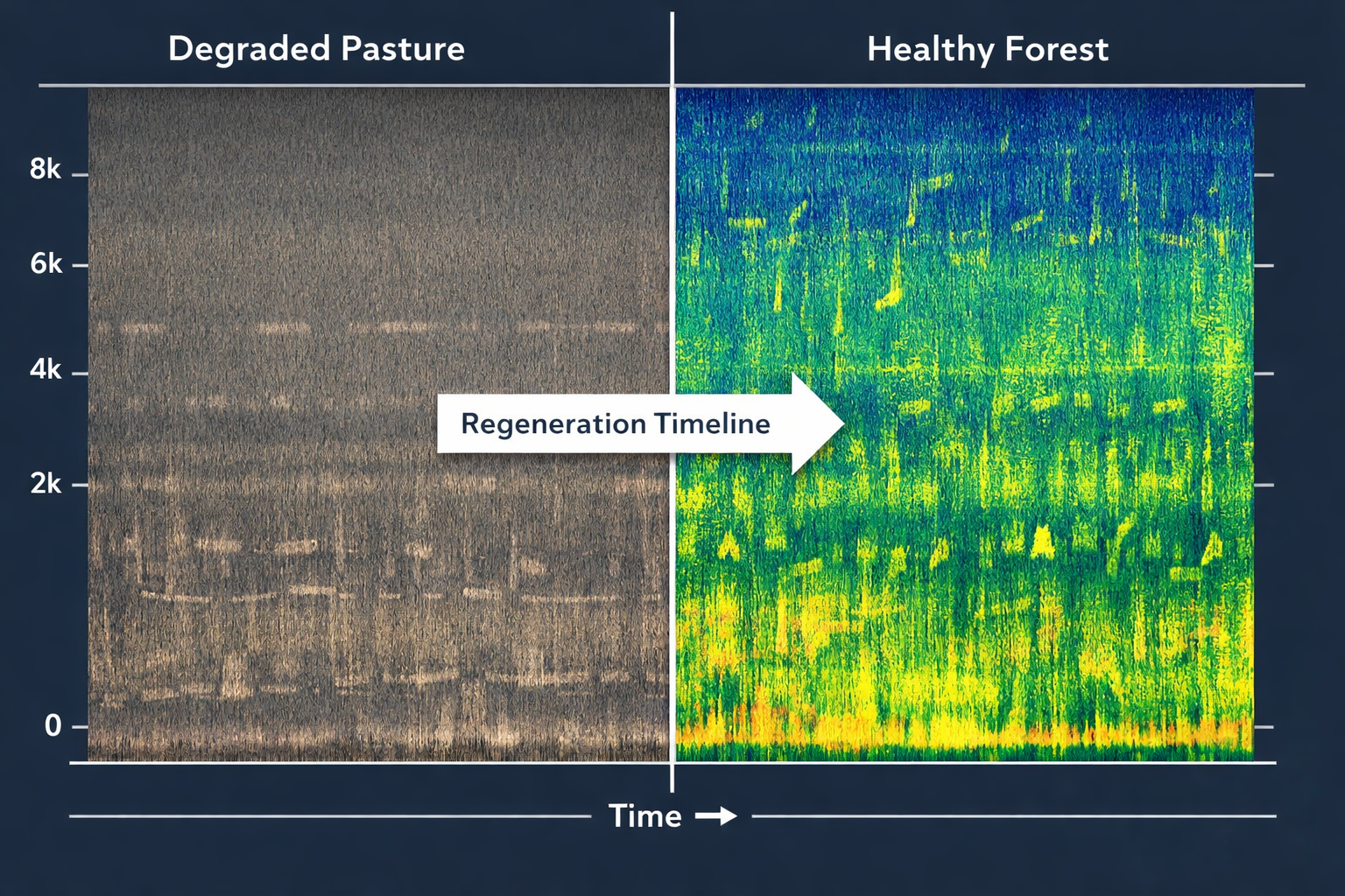 () split-screen comparison infographic showing acoustic waveform spectrograms side by side: left panel displays simple,