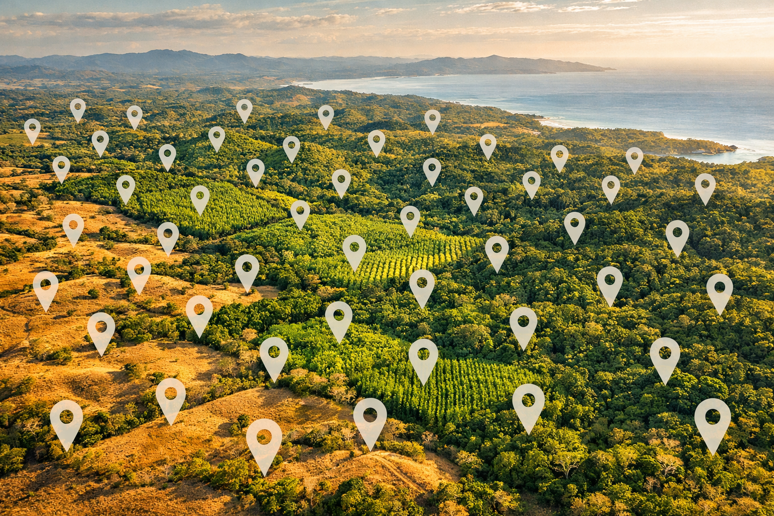 () aerial drone photograph of Costa Rica's Nicoya Peninsula showing patchwork landscape of different restoration stages:
