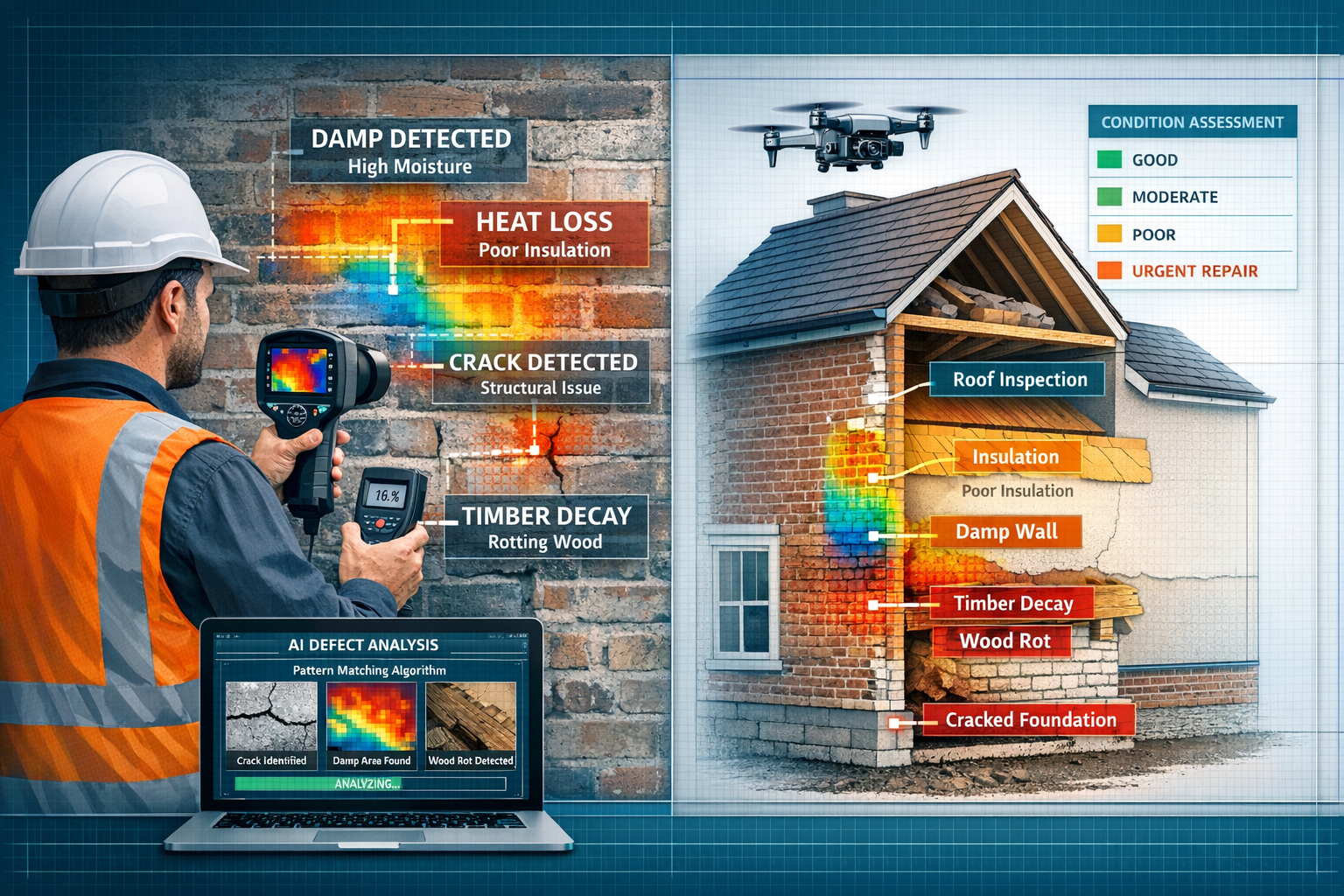 () technical illustration showing advanced surveying technology integration. Split-screen composition: left half displays