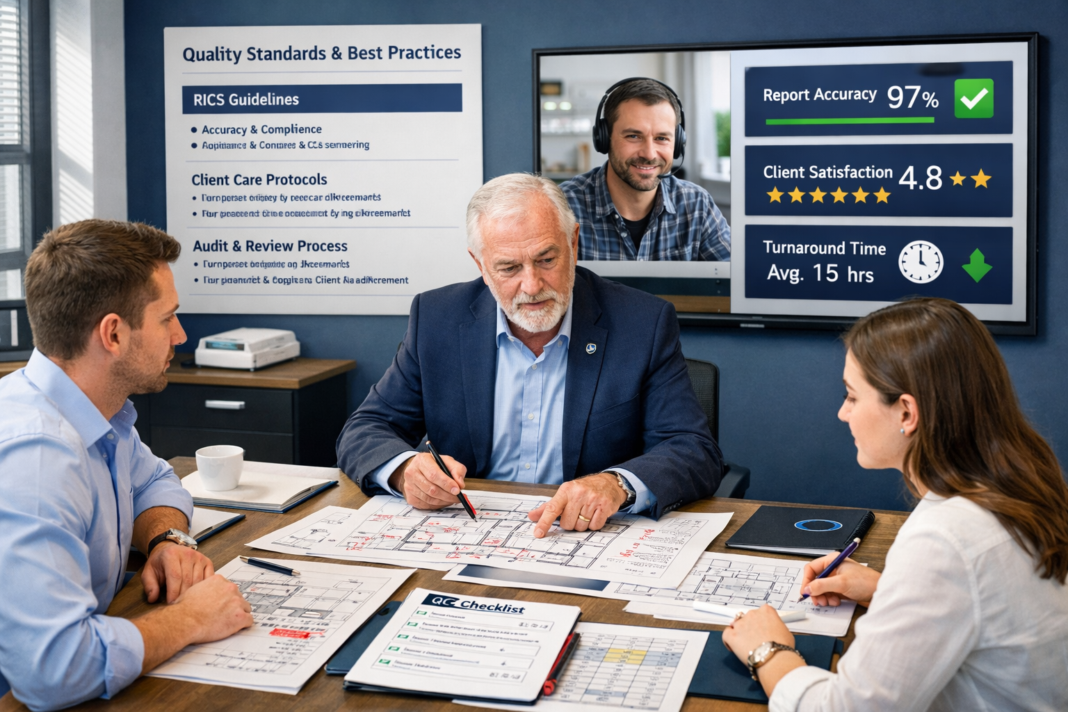 () professional training and quality assurance scene in modern surveying office. Central focus shows senior chartered