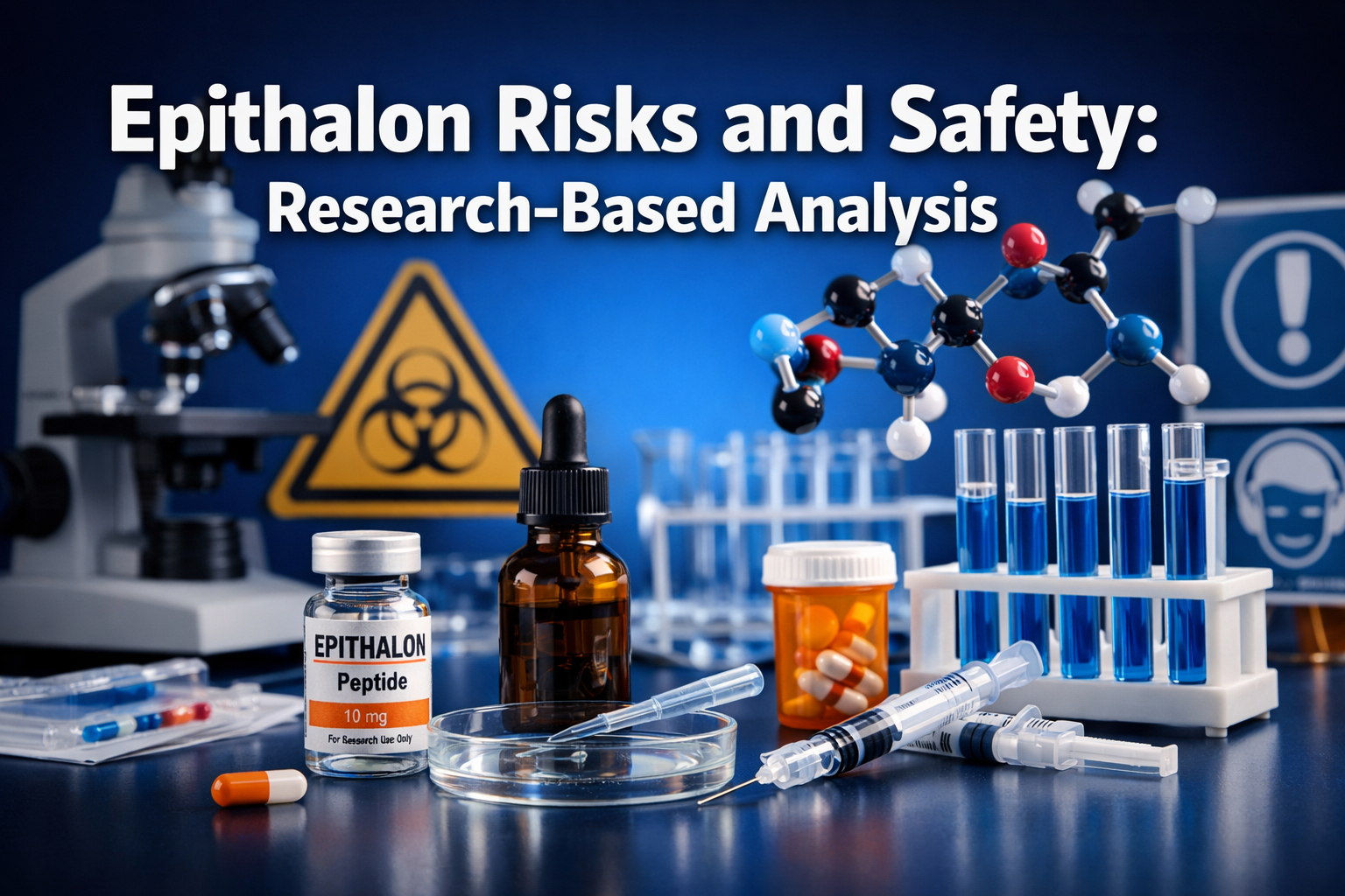 Professional landscape format (1536x1024) editorial hero image featuring bold text overlay 'Epithalon Risks and Safety: Research-Based Analy