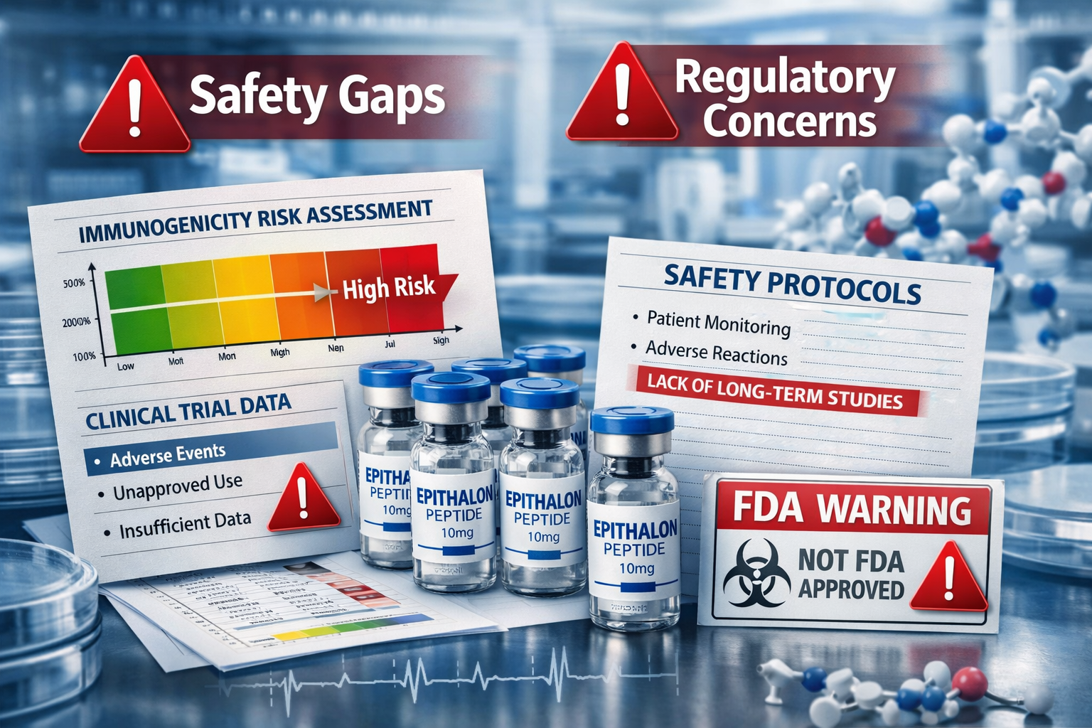 Detailed landscape format (1536x1024) image showing FDA warning symbols and regulatory documentation overlaid on peptide vials and research 