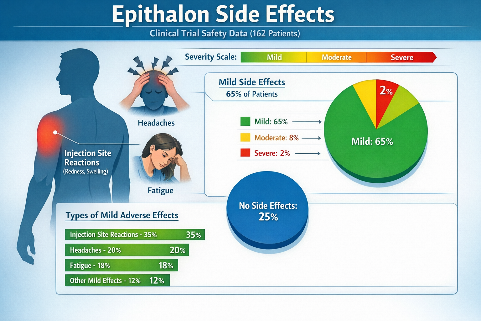 Comprehensive landscape format (1536x1024) infographic displaying epithalon side effects categorized by severity and frequency. Visual shows