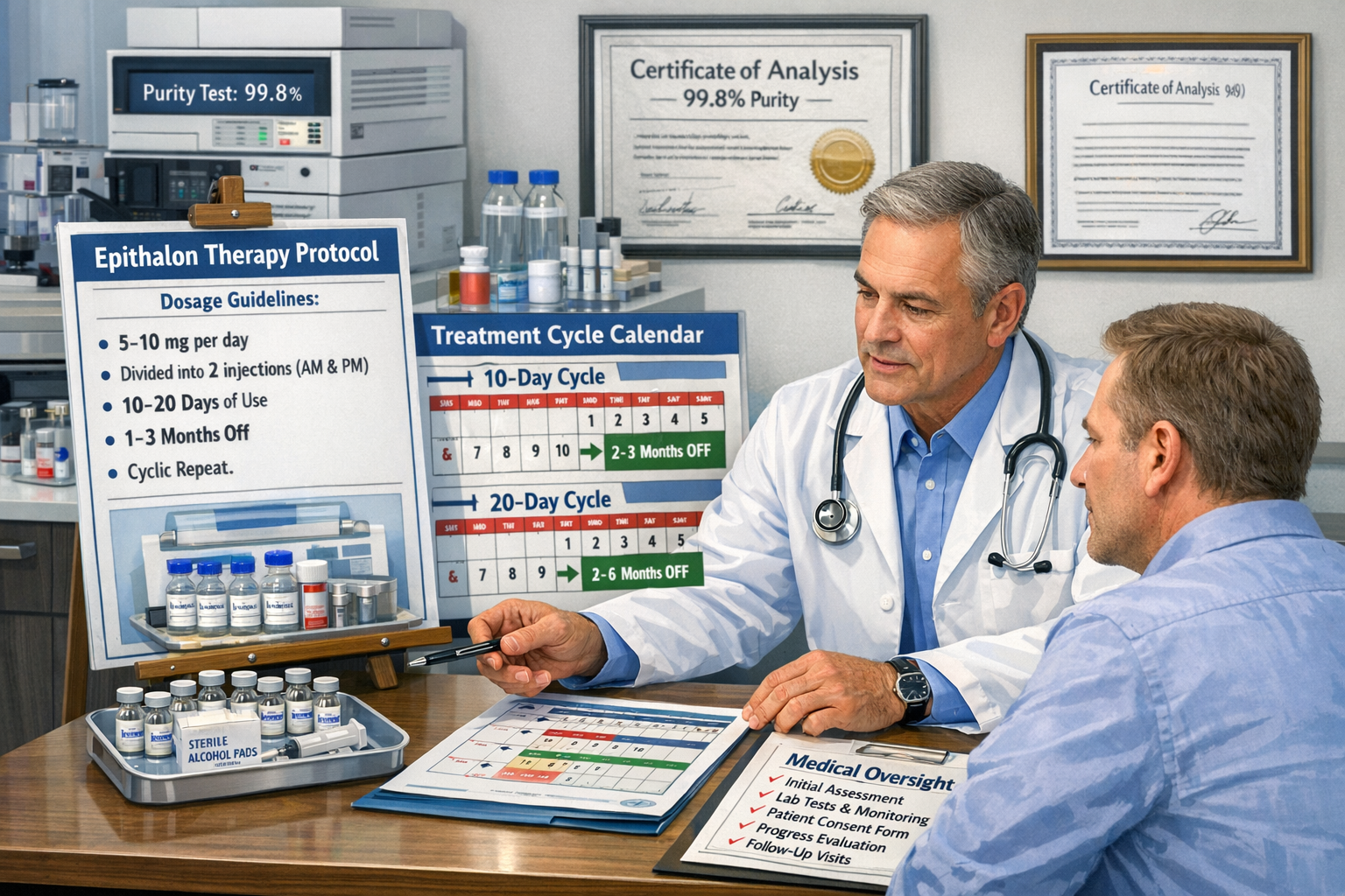 Detailed landscape format (1536x1024) image featuring medical supervision concept with healthcare provider consulting patient about epithalo