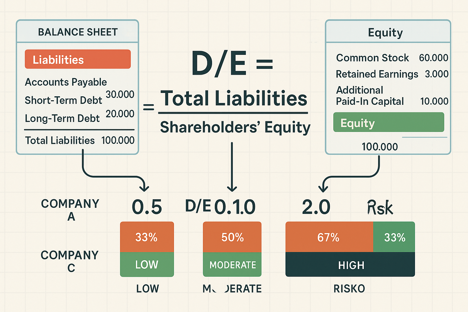Detailed landscape infographic (1536x1024) illustrating the debt-to-equity ratio formula with visual breakdown. Center shows large mathemati