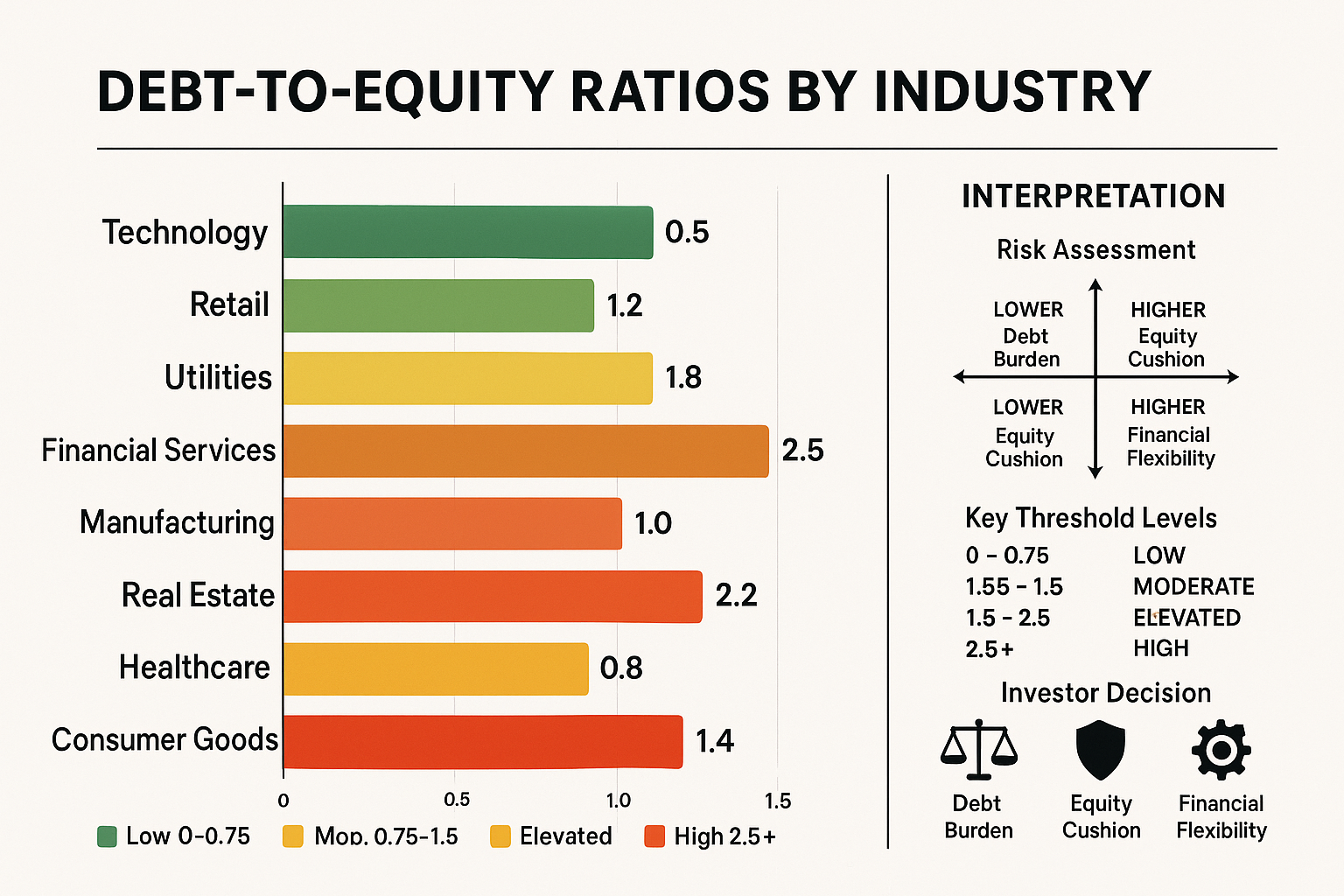 Comprehensive landscape chart (1536x1024) comparing debt-to-equity ratios across different industries with practical interpretation guide. M