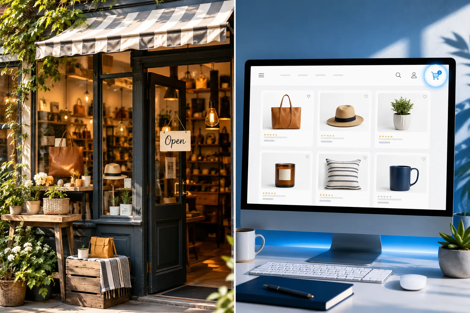 Split-screen editorial illustration in bright daylight style: left half shows a cheerful independent boutique storefront