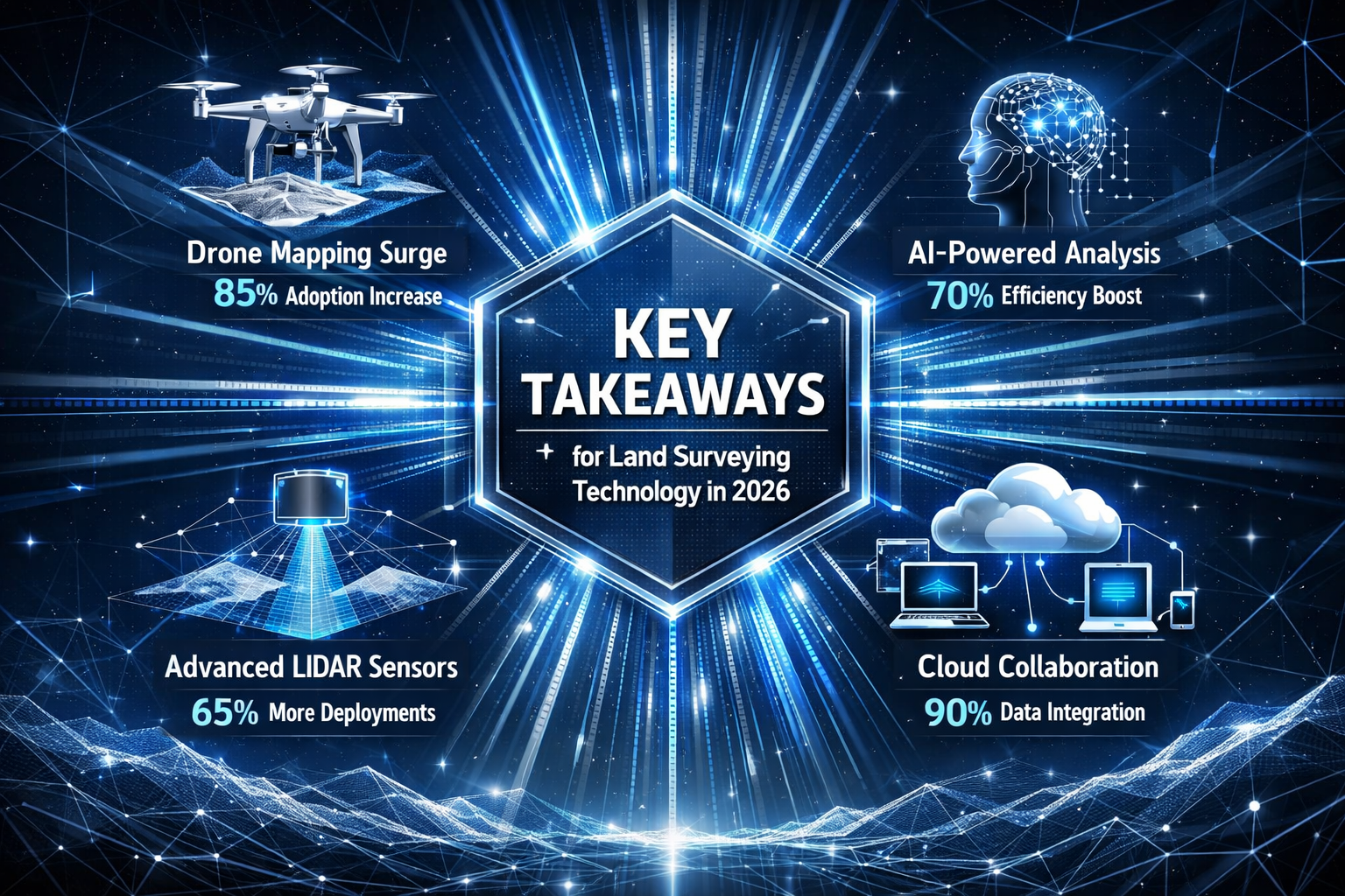 Futuristic infographic visualizing 'Key Takeaways' for land surveying technology in 2026, featuring interconnected technology icons represen