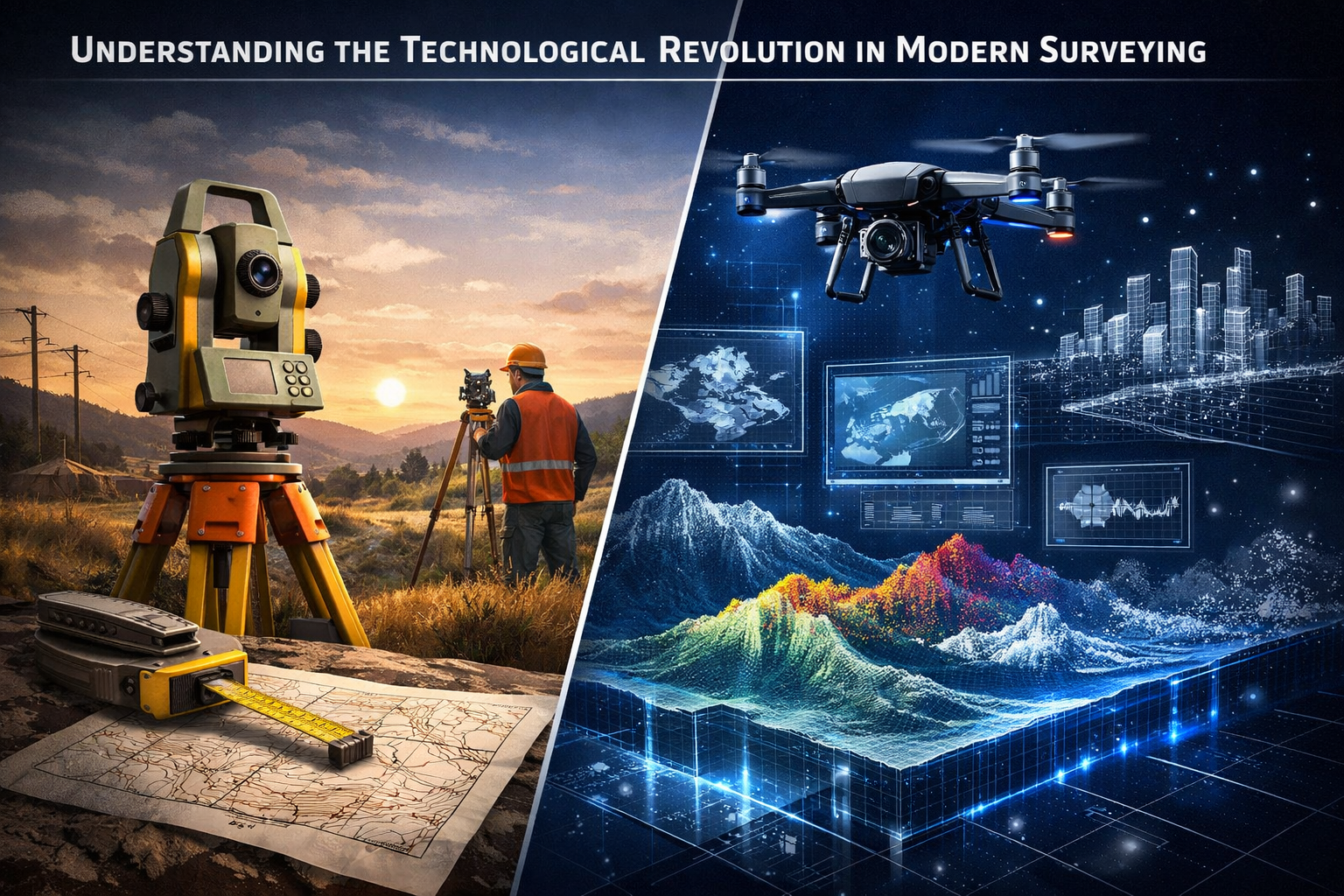 Cinematic technological landscape illustrating 'Understanding the Technological Revolution in Modern Surveying', showing split-screen visual
