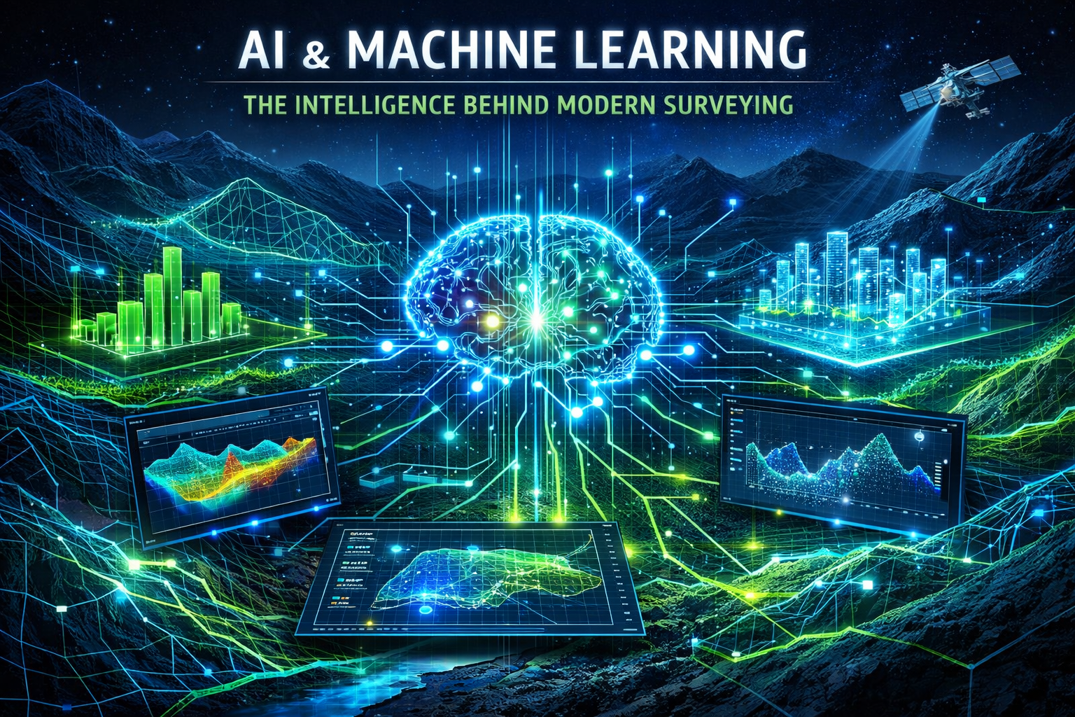 Dynamic conceptual representation of 'AI and Machine Learning: The Intelligence Behind Modern Surveying', featuring neural network visualiza