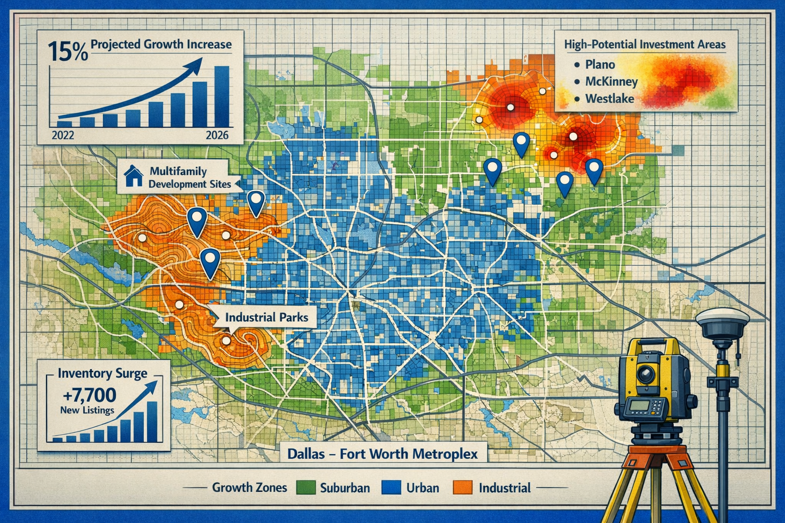 Landscape format (1536x1024) detailed illustration showing Dallas-Fort Worth metroplex map with color-coded growth zones, topographic contou