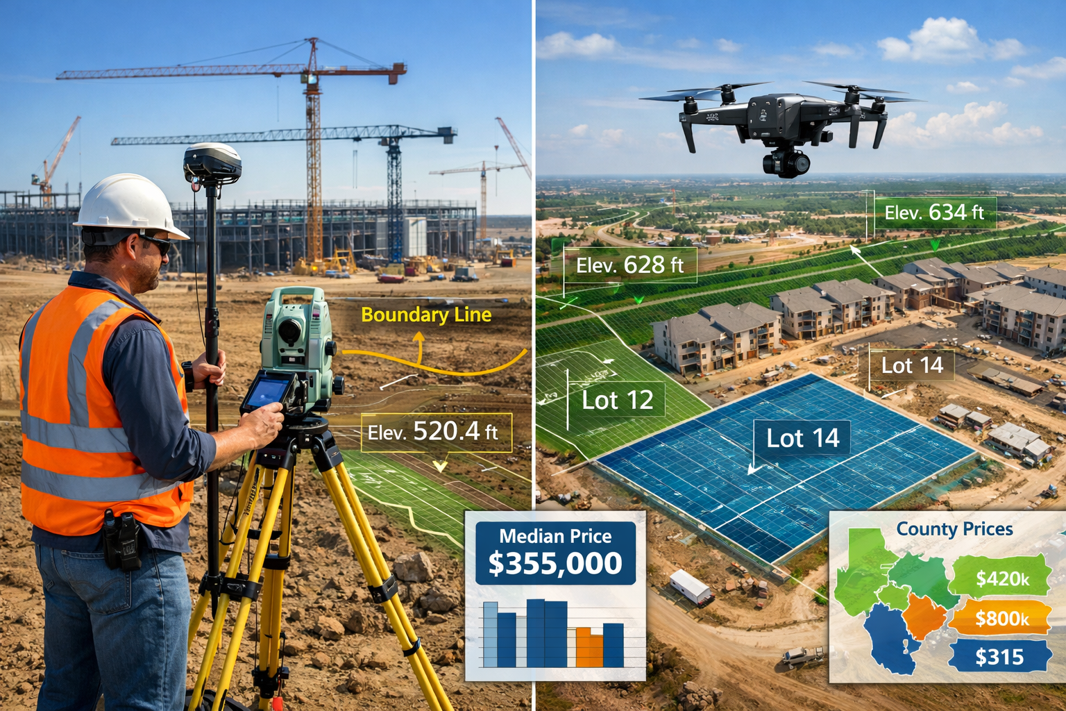 Landscape format (1536x1024) comprehensive visual showing surveying equipment in action at Dallas-Fort Worth construction site, split-screen