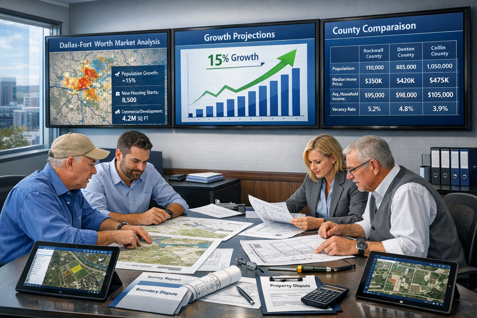Landscape format (1536x1024) strategic planning visualization for land professionals showing conference room setting with large wall-mounted