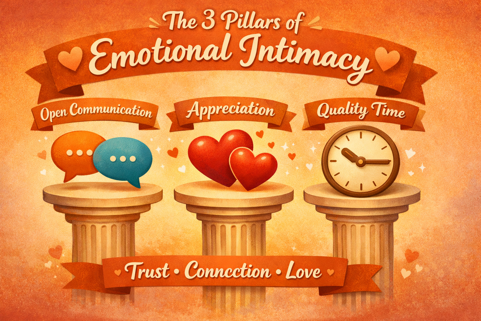 12 Tips to Deepen Intimacy in Your Marriage 2 Infographic showing three pillars of emotional intimacy: open communication (speech bubbles), appreciation (heart symbols), and quality time