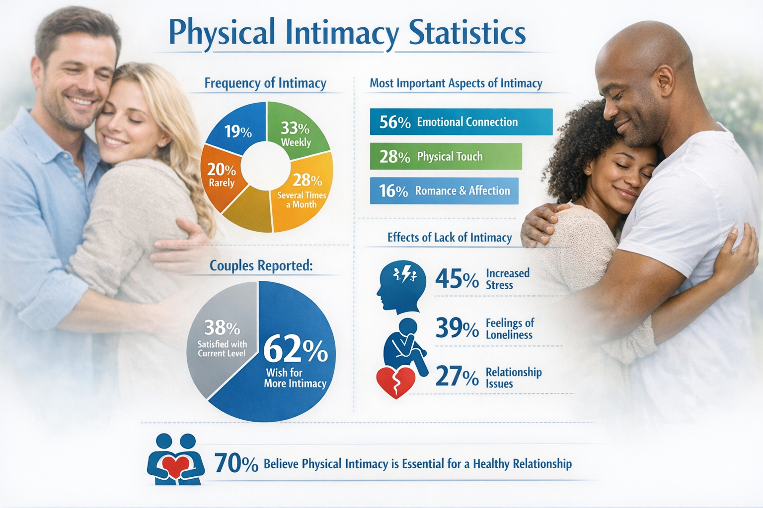 12 Tips to Deepen Intimacy in Your Marriage 3 Visual guide showing physical intimacy statistics with charts and graphs, couples embracing in background, professional healthcare-style des