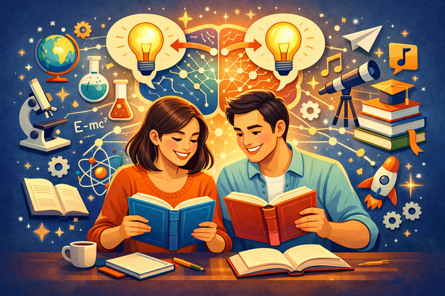 12 Tips to Deepen Intimacy in Your Marriage 4 Illustration of intellectual growth concept: couple reading books together, sharing ideas (lightbulb icons), learning symbols, brain connect