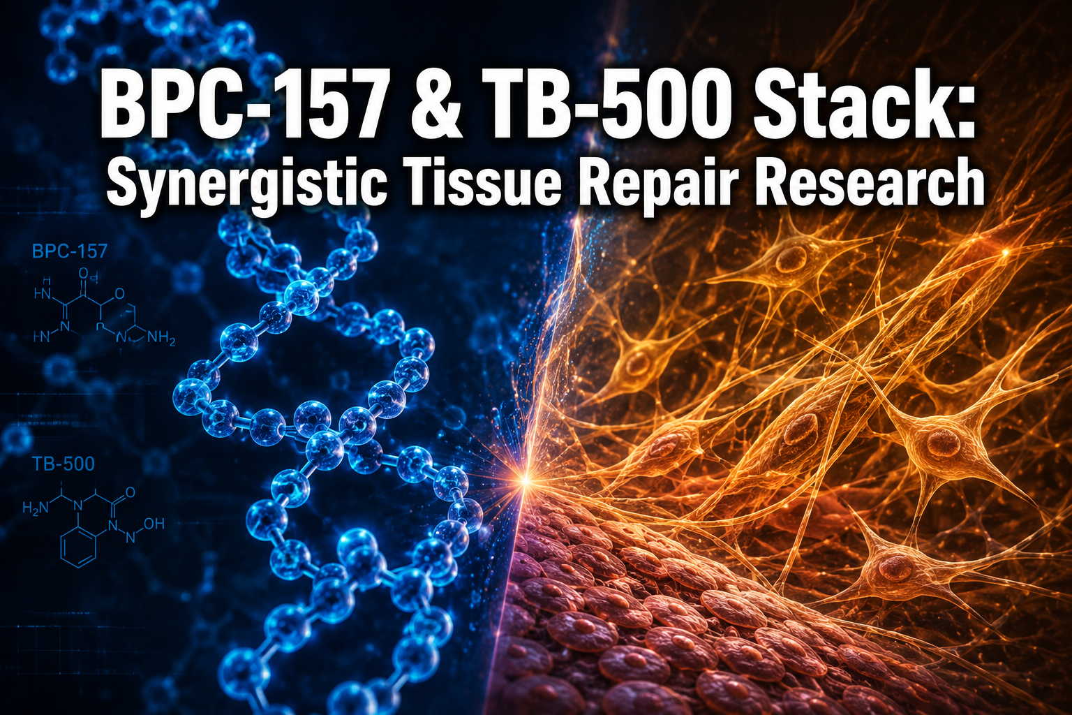 Professional () hero image with : 'BPC-157 & TB-500 Stack: Synergistic Tissue Repair Research' in extra large white with