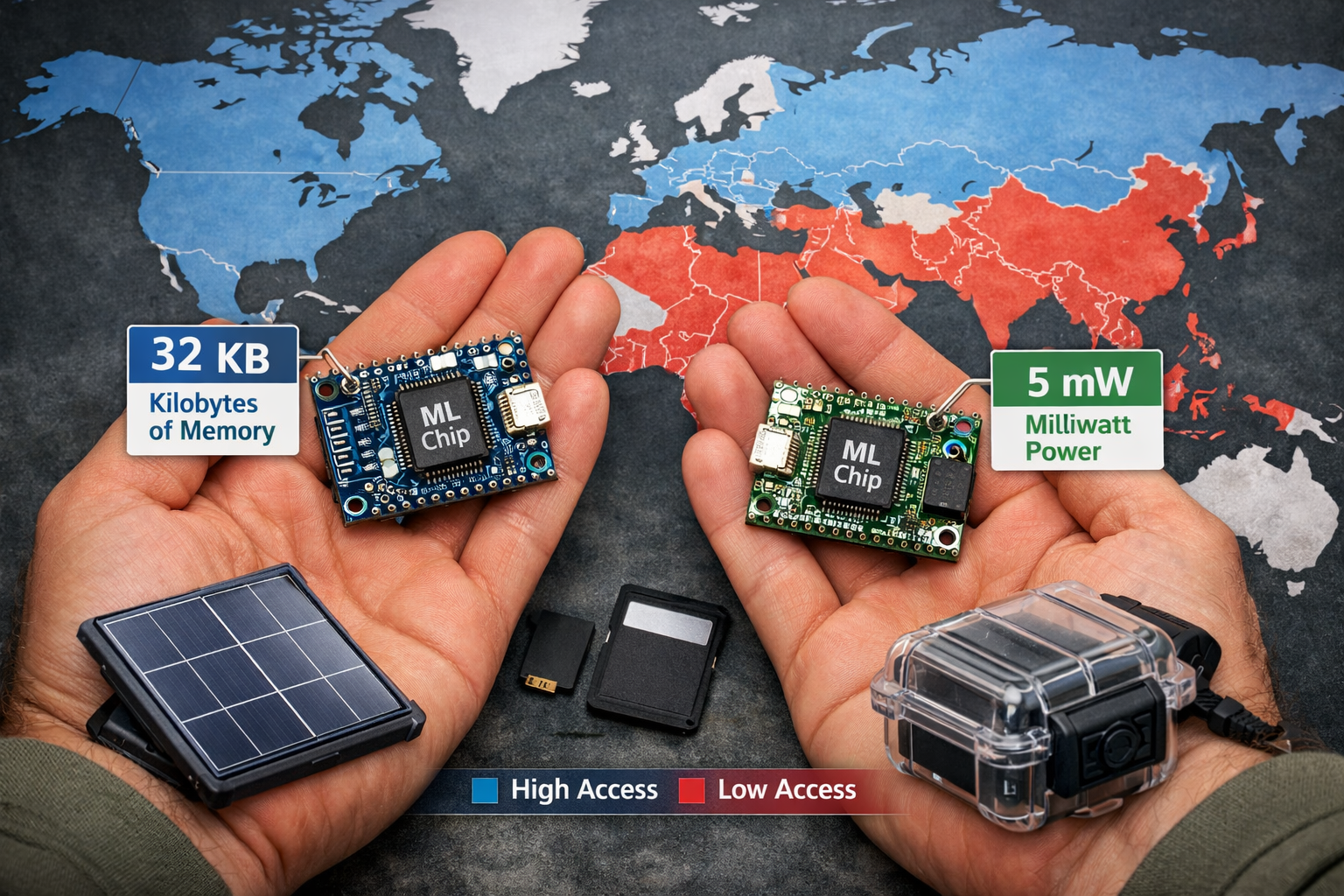 Landscape format (1536x1024) editorial image showing detailed close-up of tiny microcontroller devices (Arduino-sized boards) with ML chips 