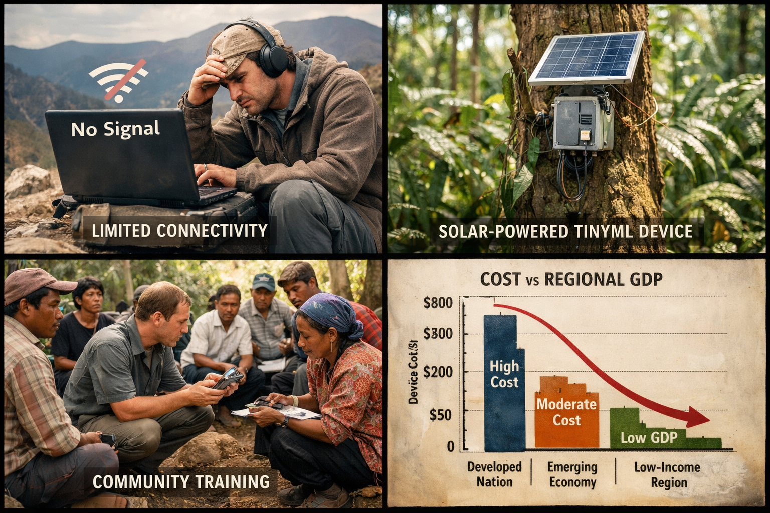 Landscape format (1536x1024) image depicting field deployment challenges: split-screen composition showing four quadrants - top left: resear