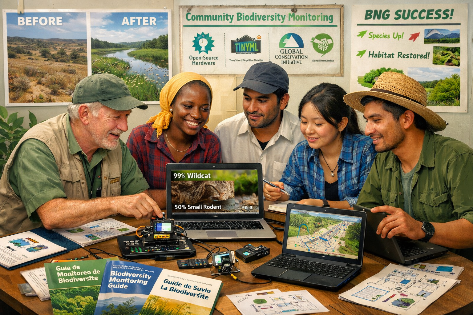 Landscape format (1536x1024) inspirational image showing successful community-led biodiversity monitoring: diverse group of local surveyors 